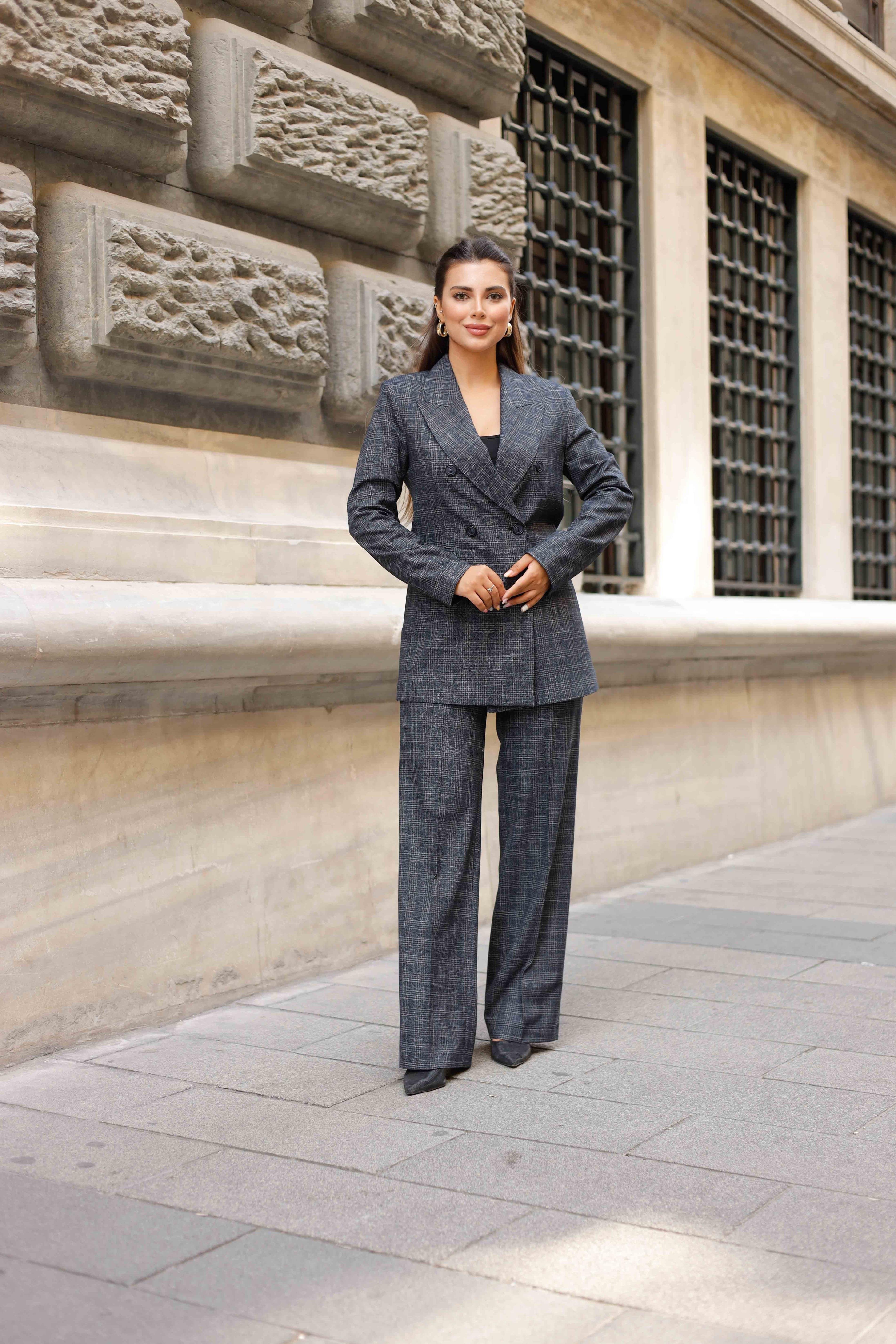 6 Düğmeli Kruvaze Ekose Takım Lacivert