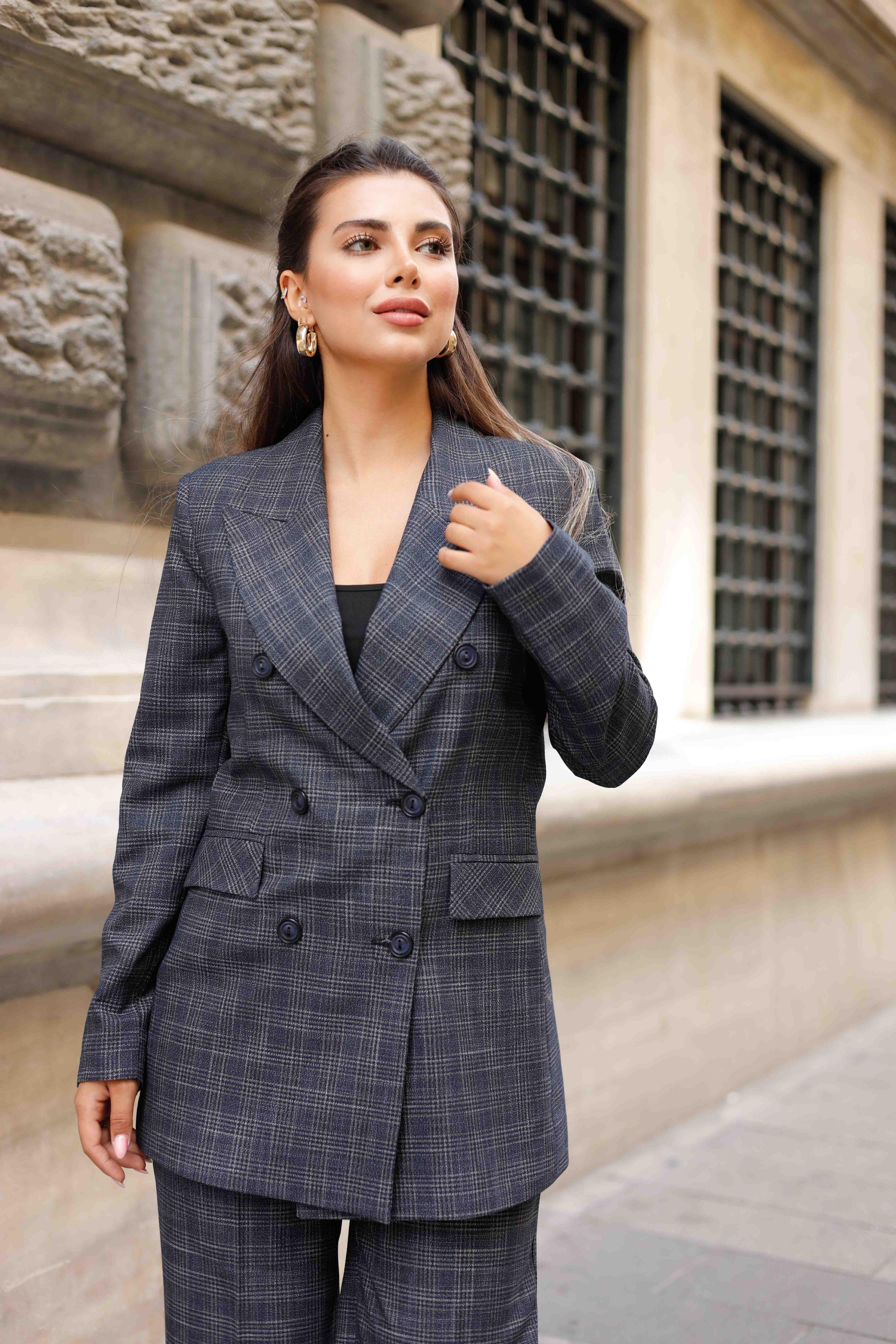 6 Düğmeli Kruvaze Ekose Takım Lacivert