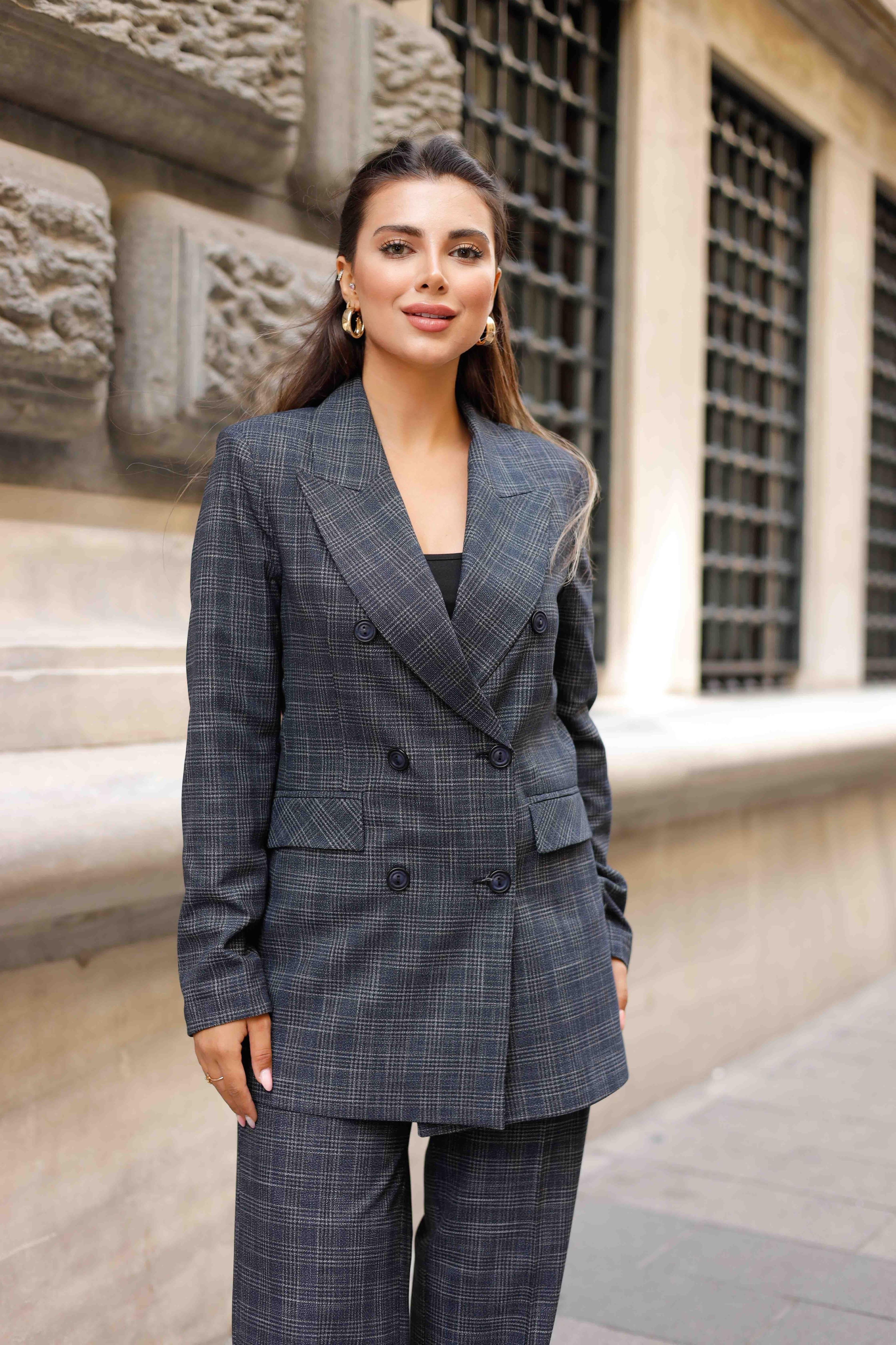 6 Düğmeli Kruvaze Ekose Takım Lacivert