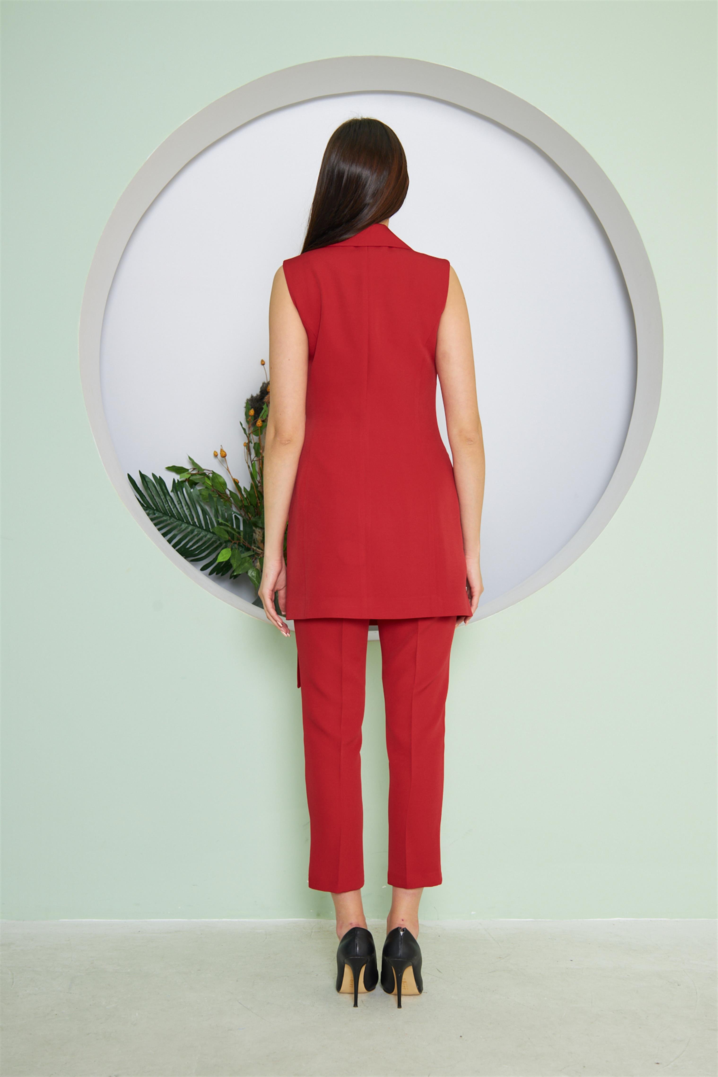 Broş Detay Kuşaklı Yelek Takım