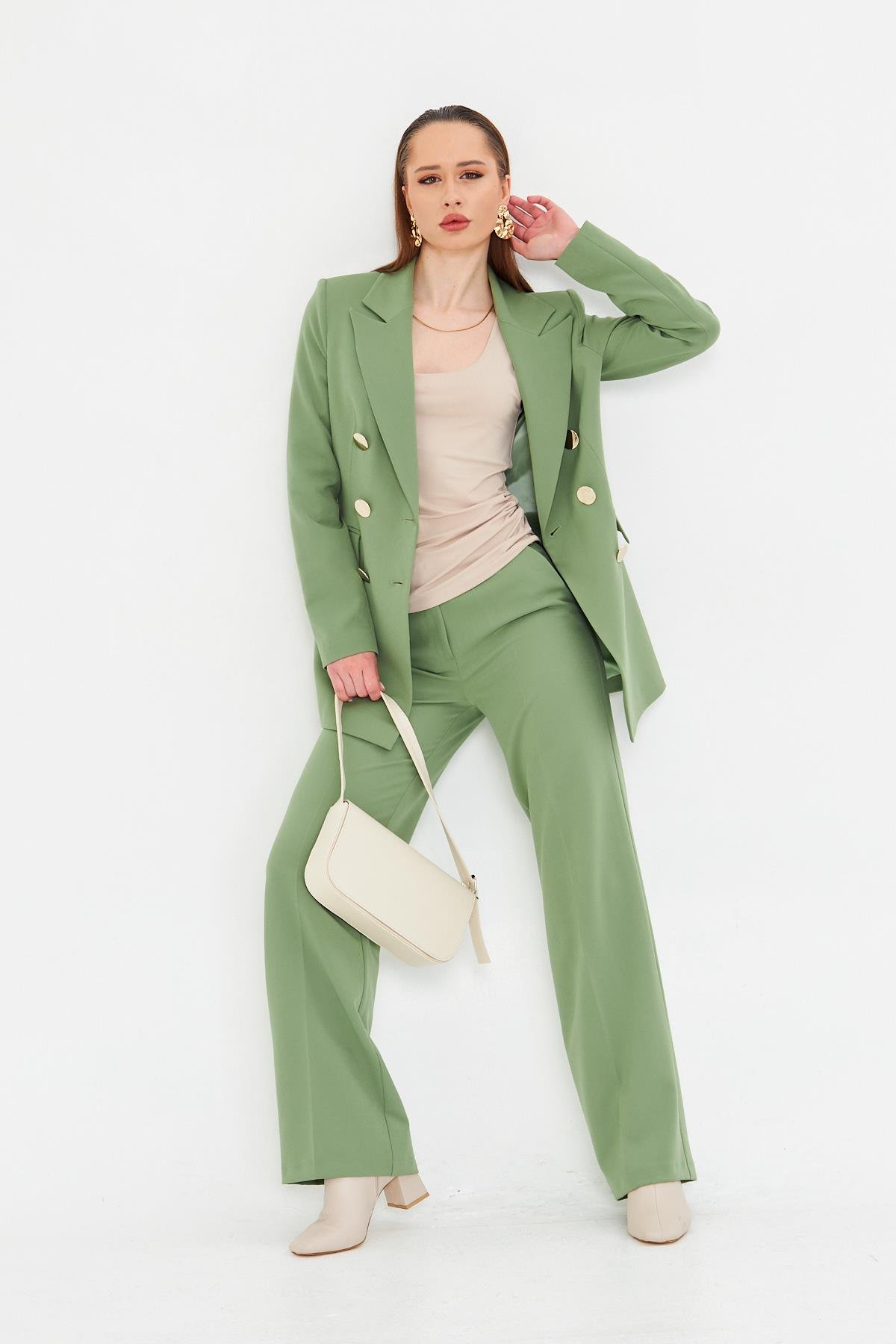 Büyük Gold Düğmeli Kruvaze Takım Haki