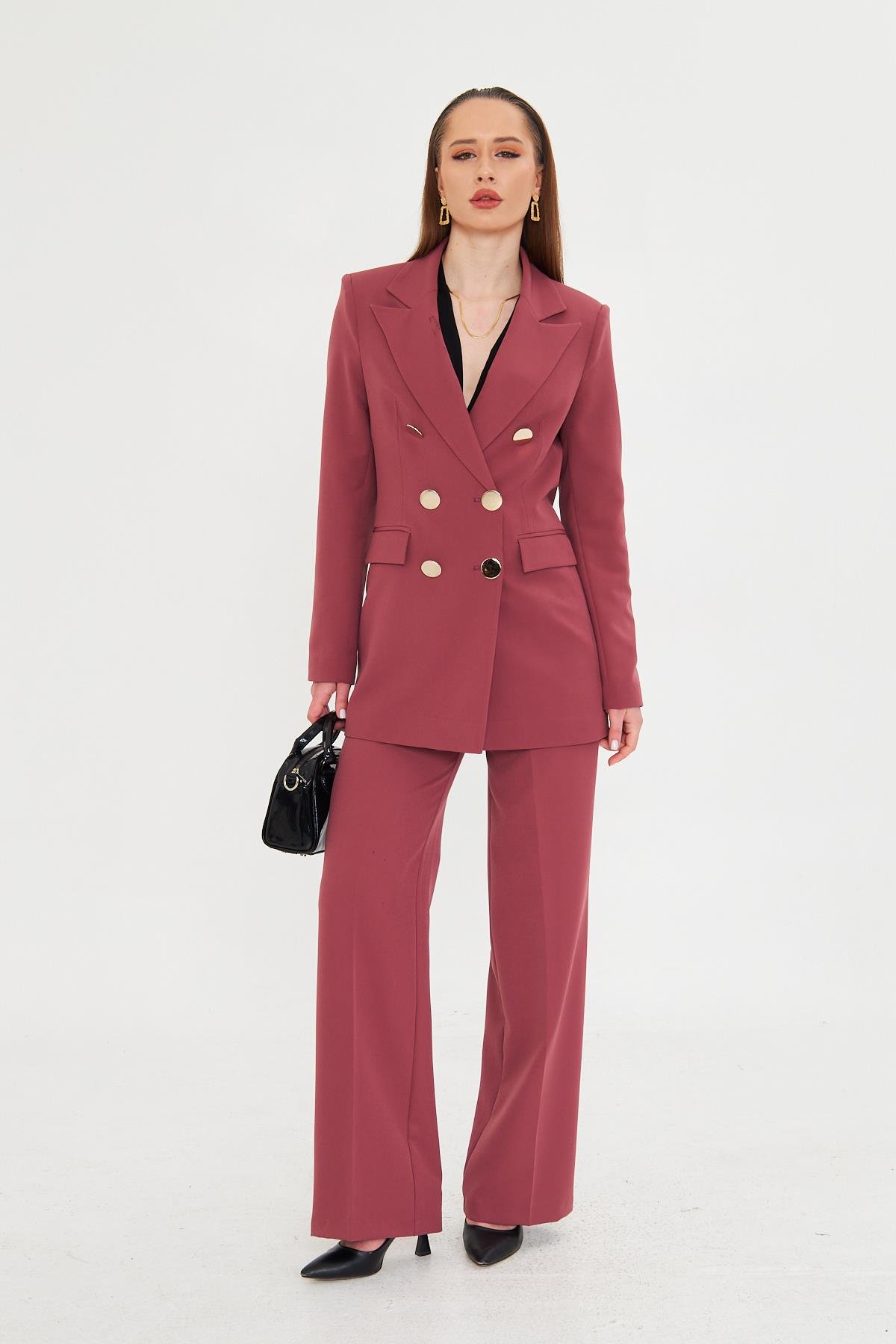 Büyük Gold Düğmeli Kruvaze Takım Vişne Çürüğü