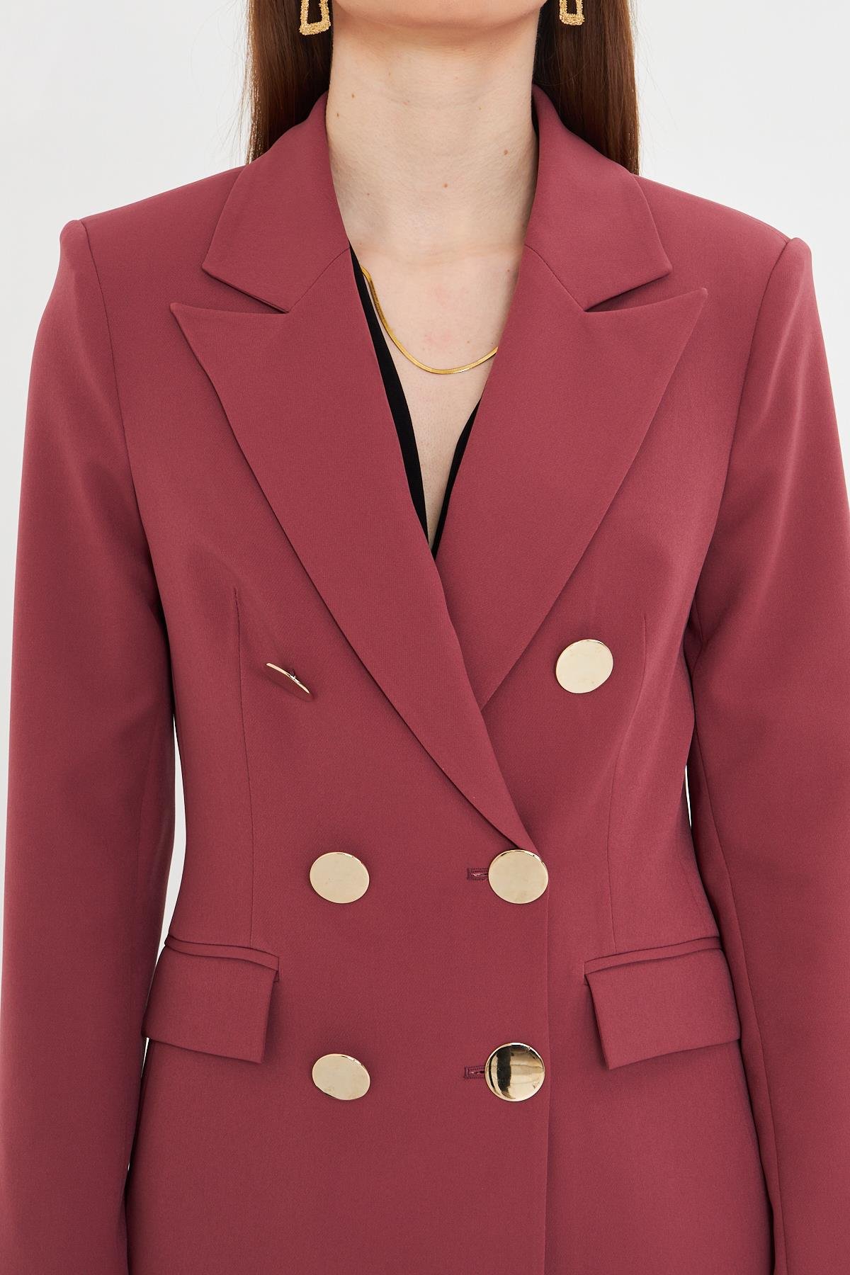 Büyük Gold Düğmeli Kruvaze Takım Vişne Çürüğü