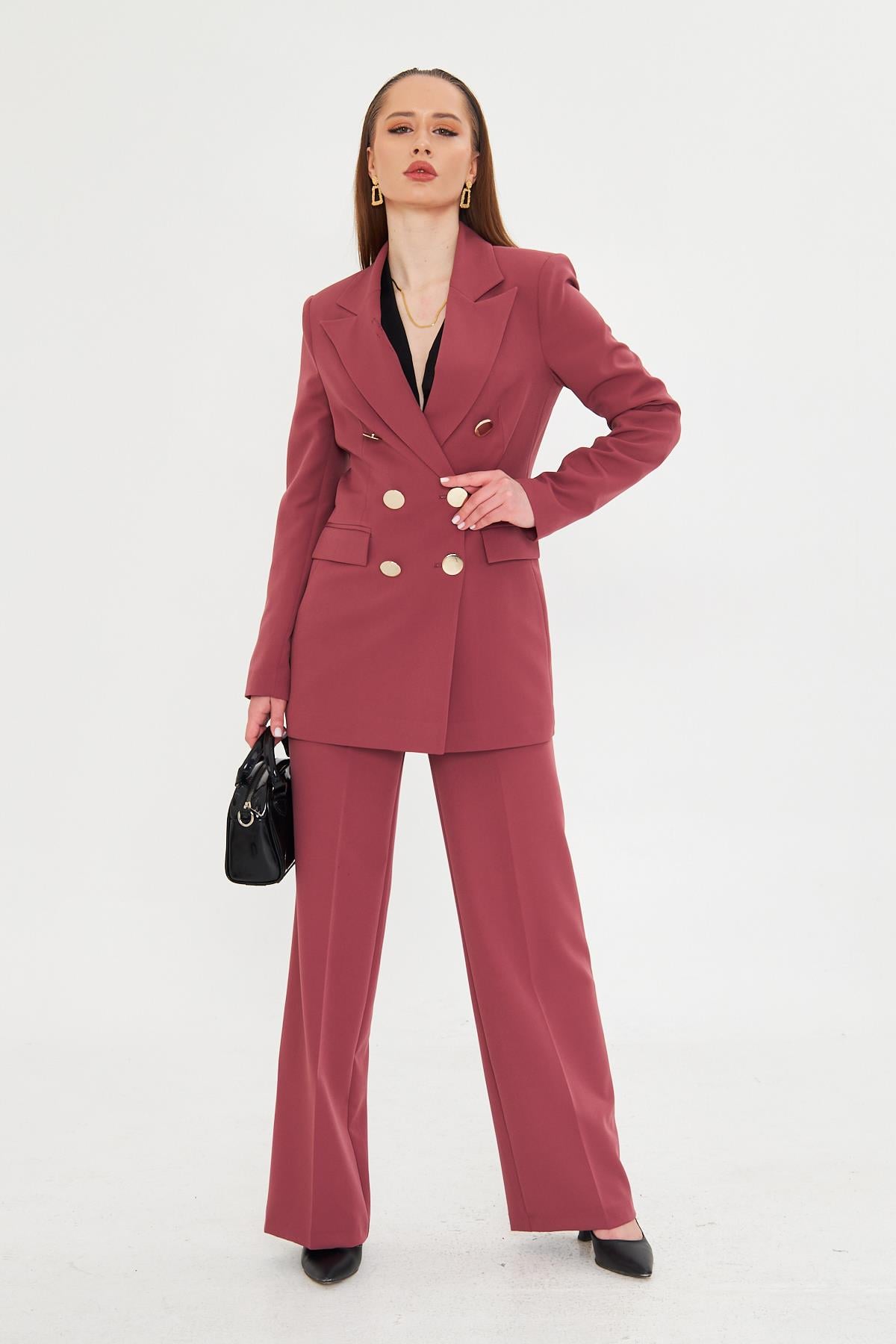 Büyük Gold Düğmeli Kruvaze Takım Vişne Çürüğü