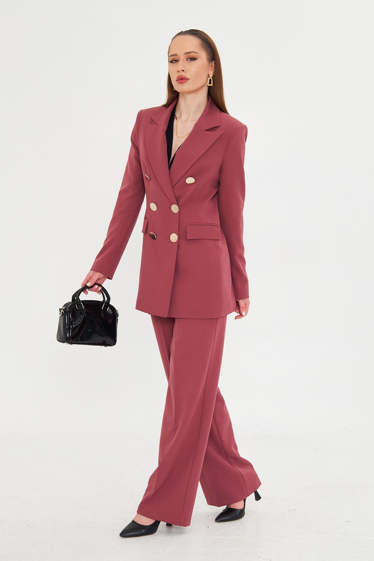 Büyük Gold Düğmeli Kruvaze Takım Vişne Çürüğü