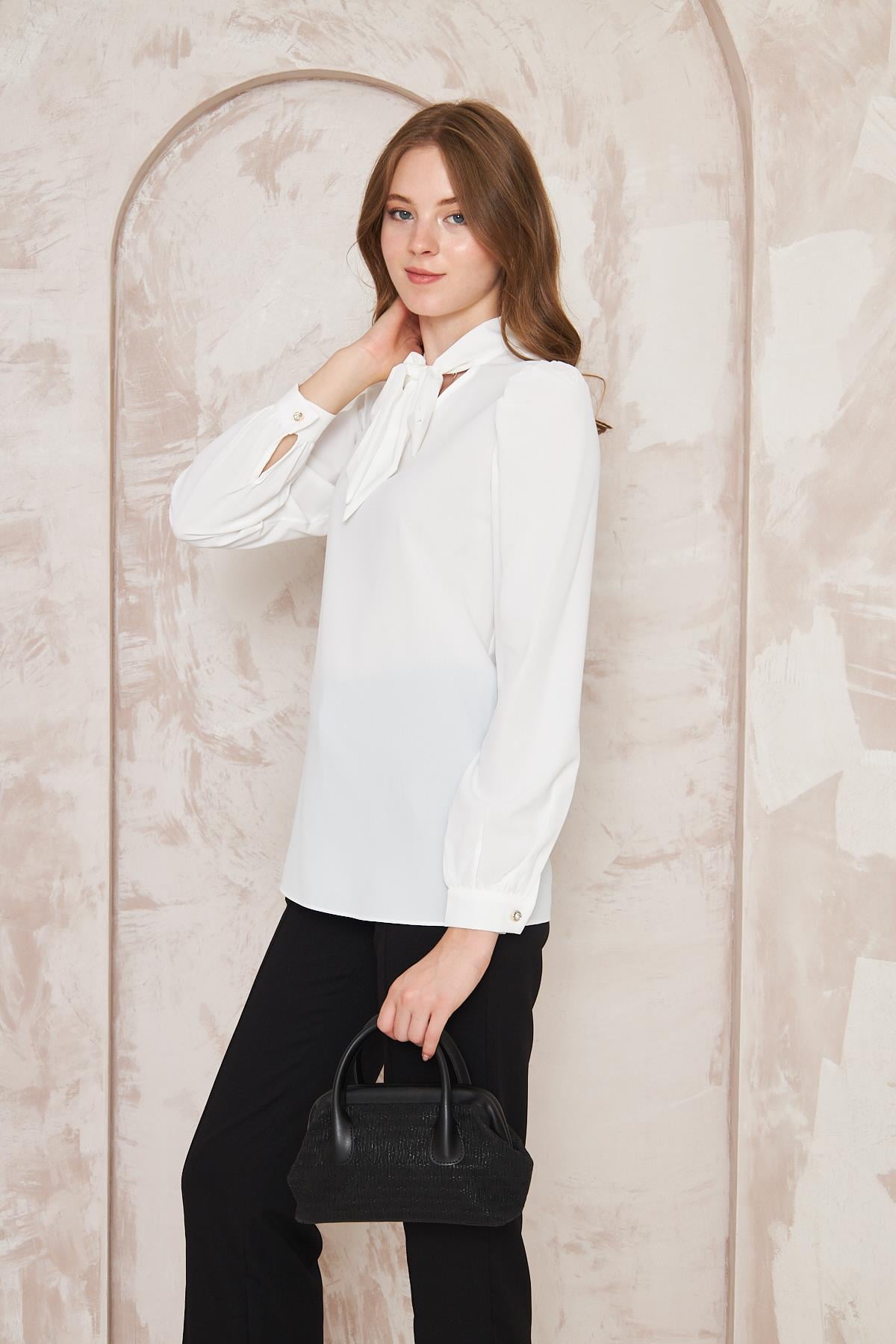 Büzgü Kol Fularlı Gömlek Ekru