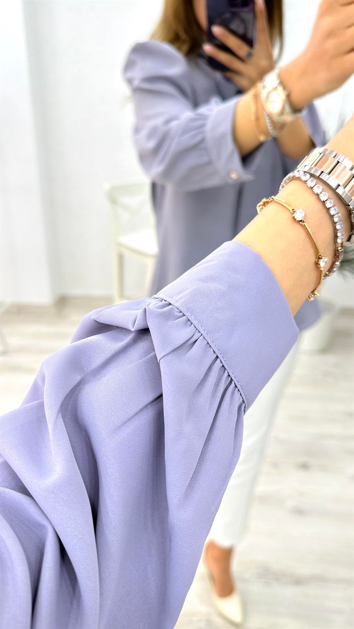 Büzgü Kol Fularlı Gömlek Gri