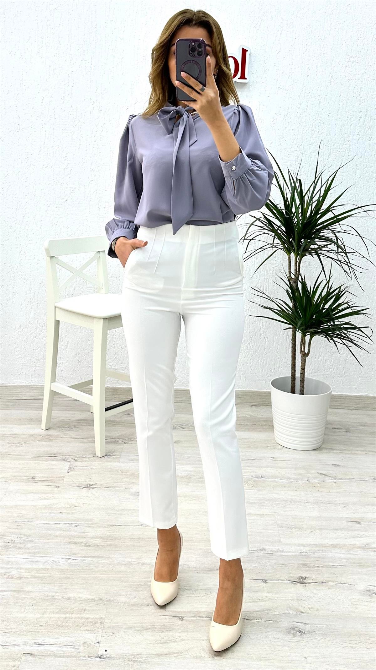 Büzgü Kol Fularlı Gömlek Gri