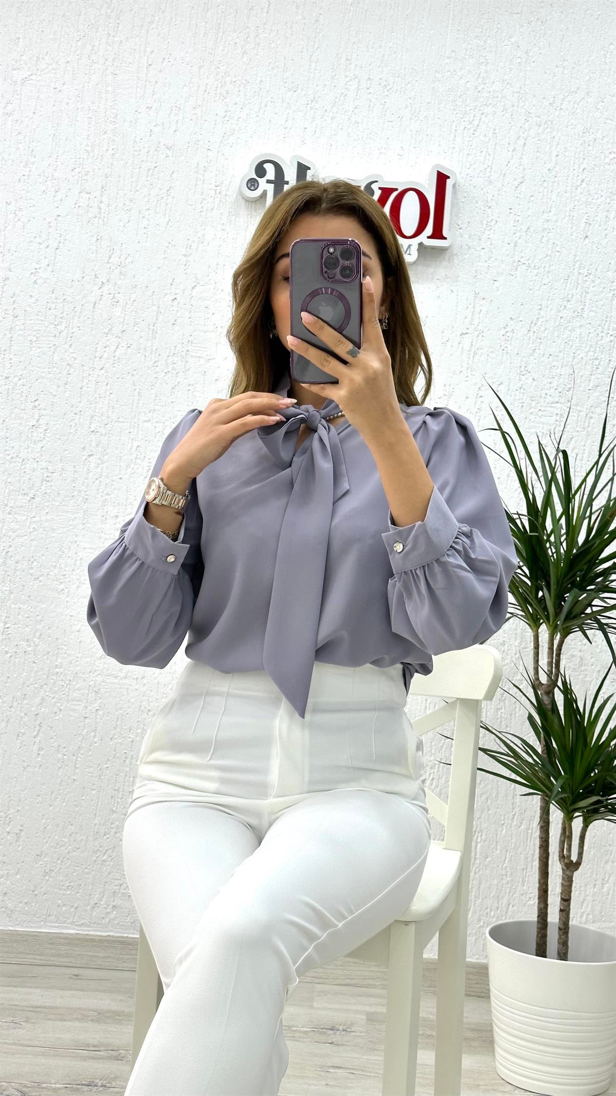 Büzgü Kol Fularlı Gömlek Gri