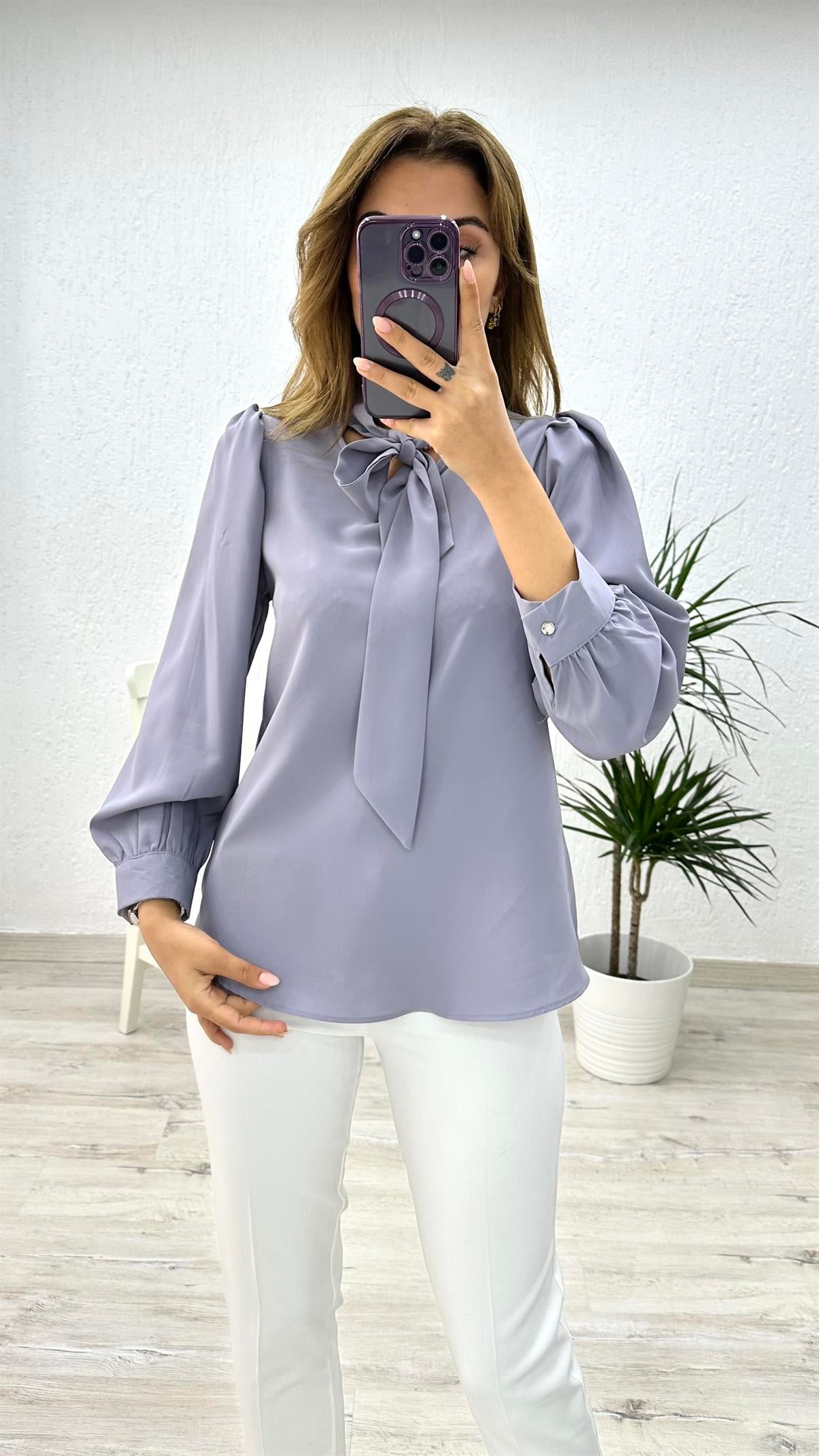 Büzgü Kol Fularlı Gömlek Gri