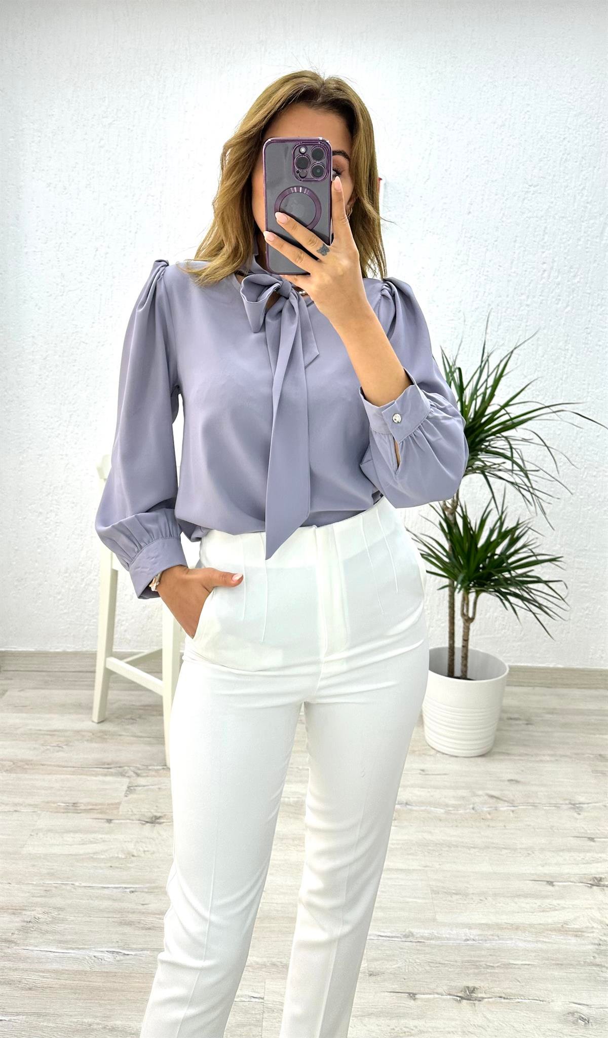 Büzgü Kol Fularlı Gömlek Gri