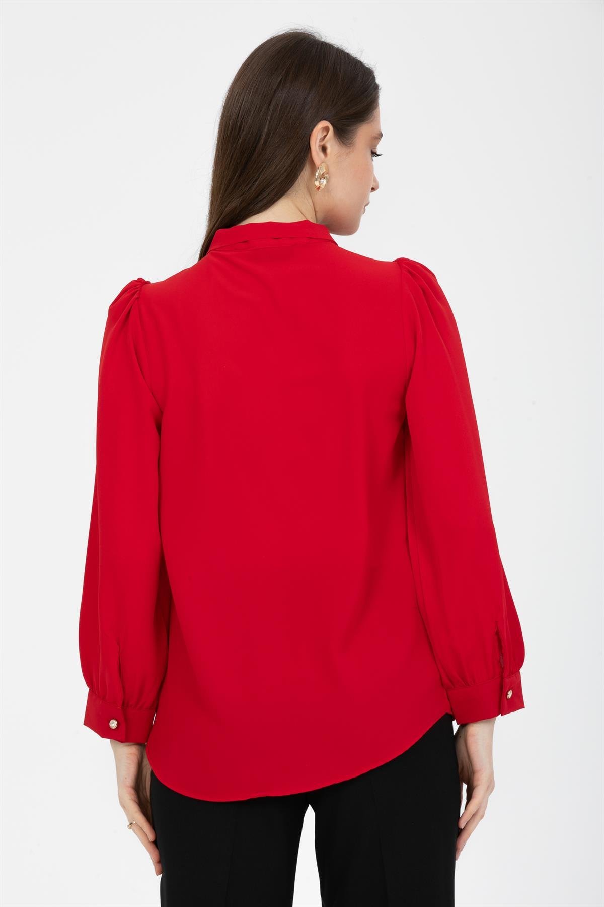Büzgü Kol Fularlı Gömlek Kırmızı