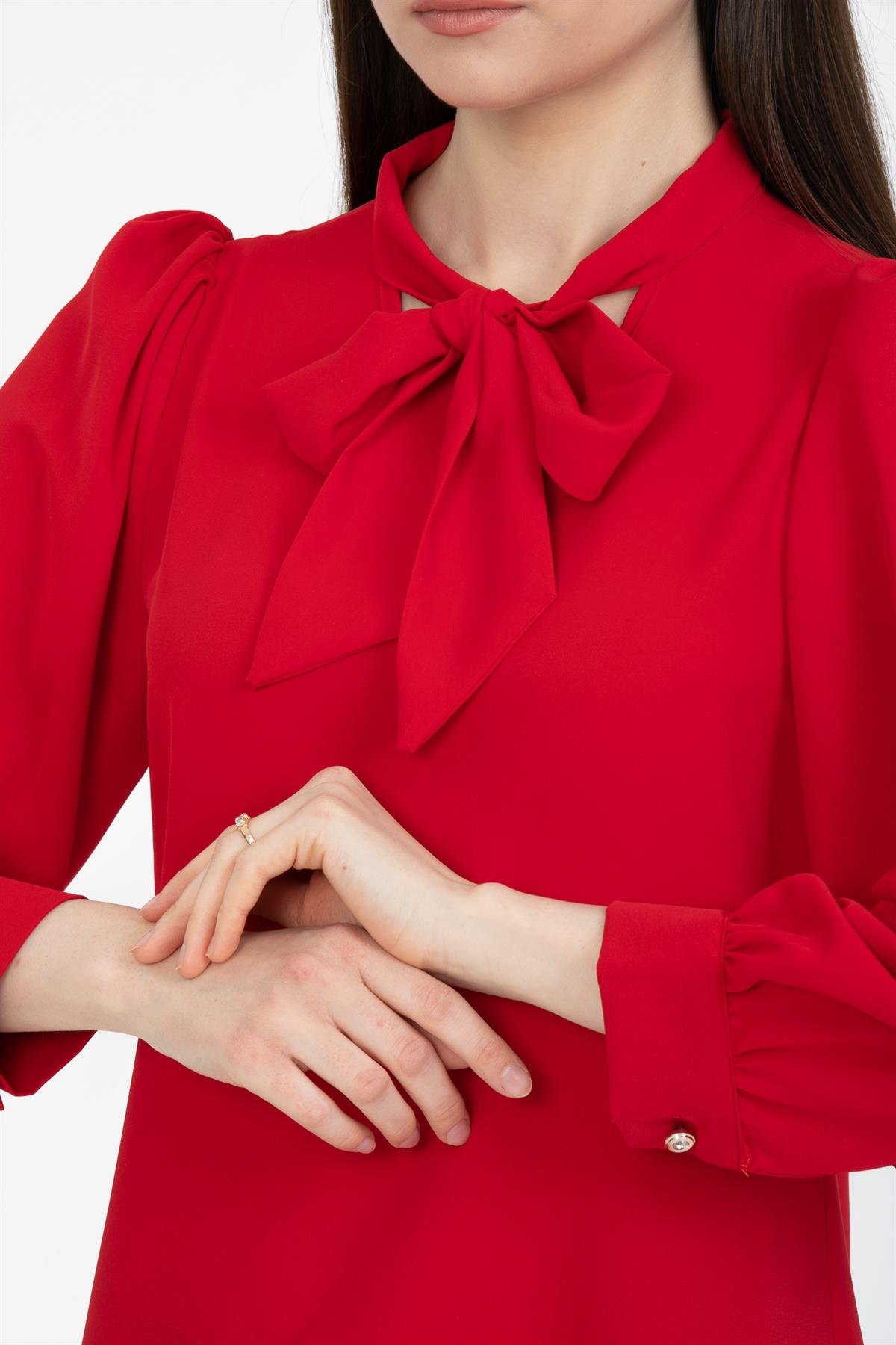 Büzgü Kol Fularlı Gömlek Kırmızı