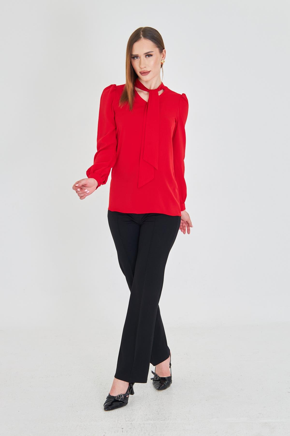 Büzgü Kol Fularlı Gömlek Kırmızı