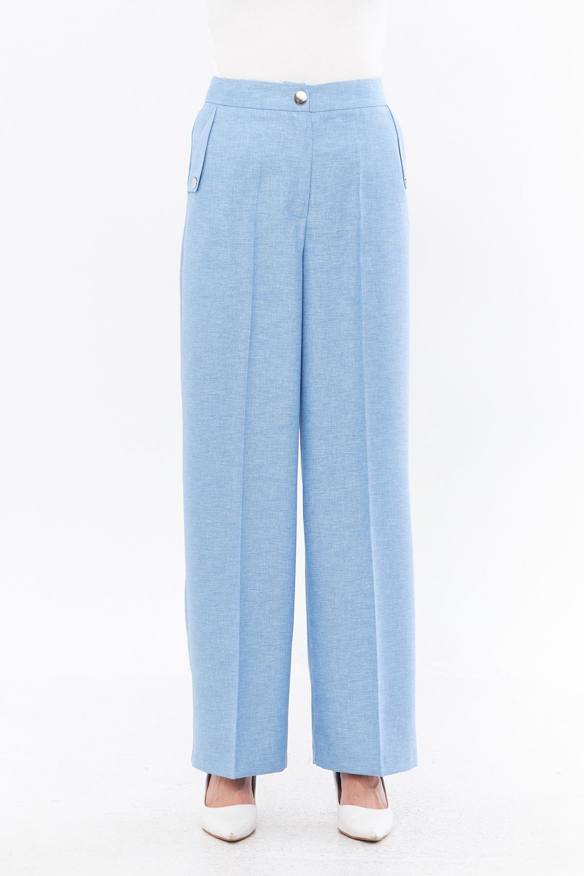 Cep Detay Keten Pantolon Bebe Mavisi