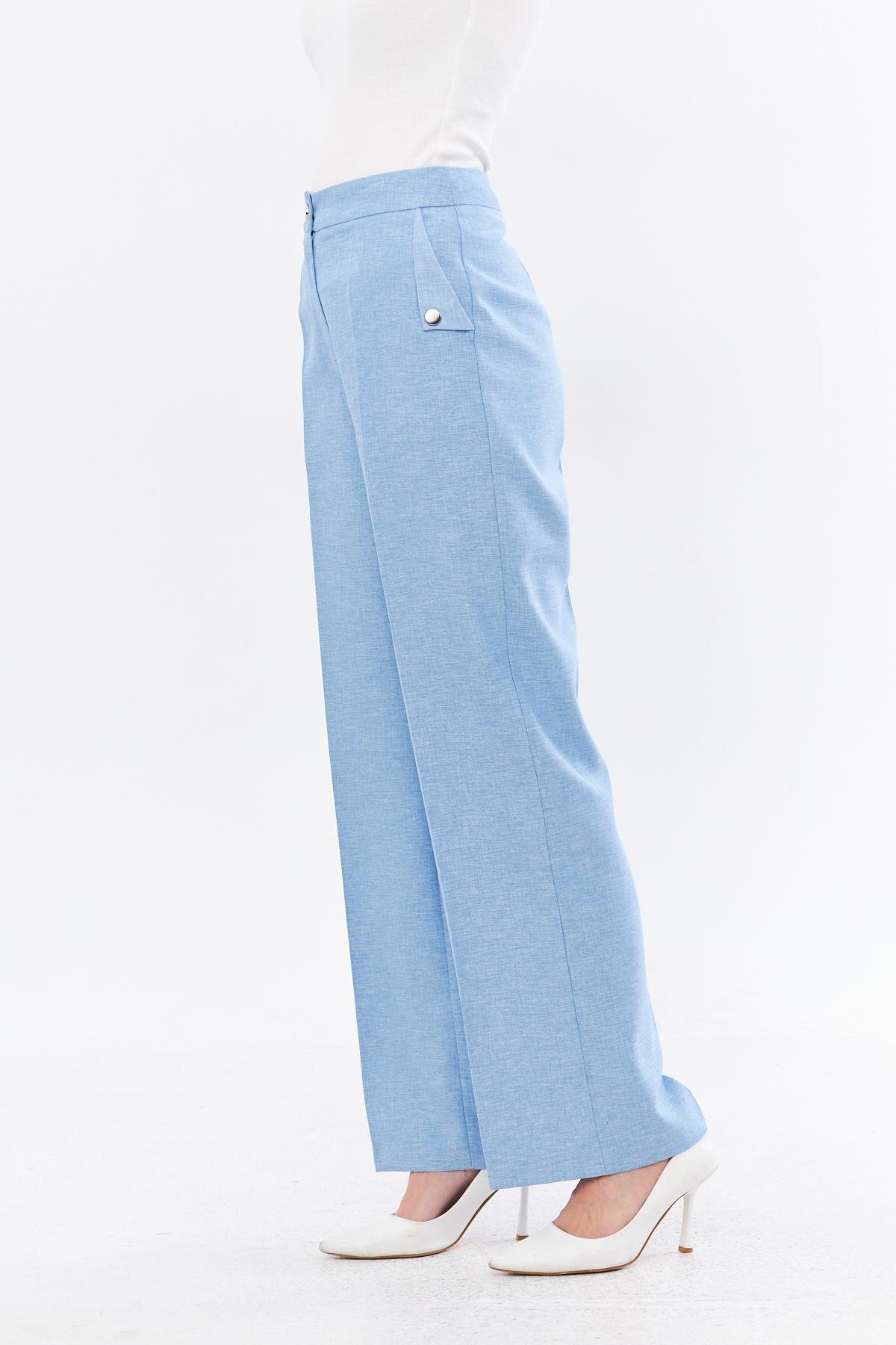 Cep Detay Keten Pantolon Bebe Mavisi