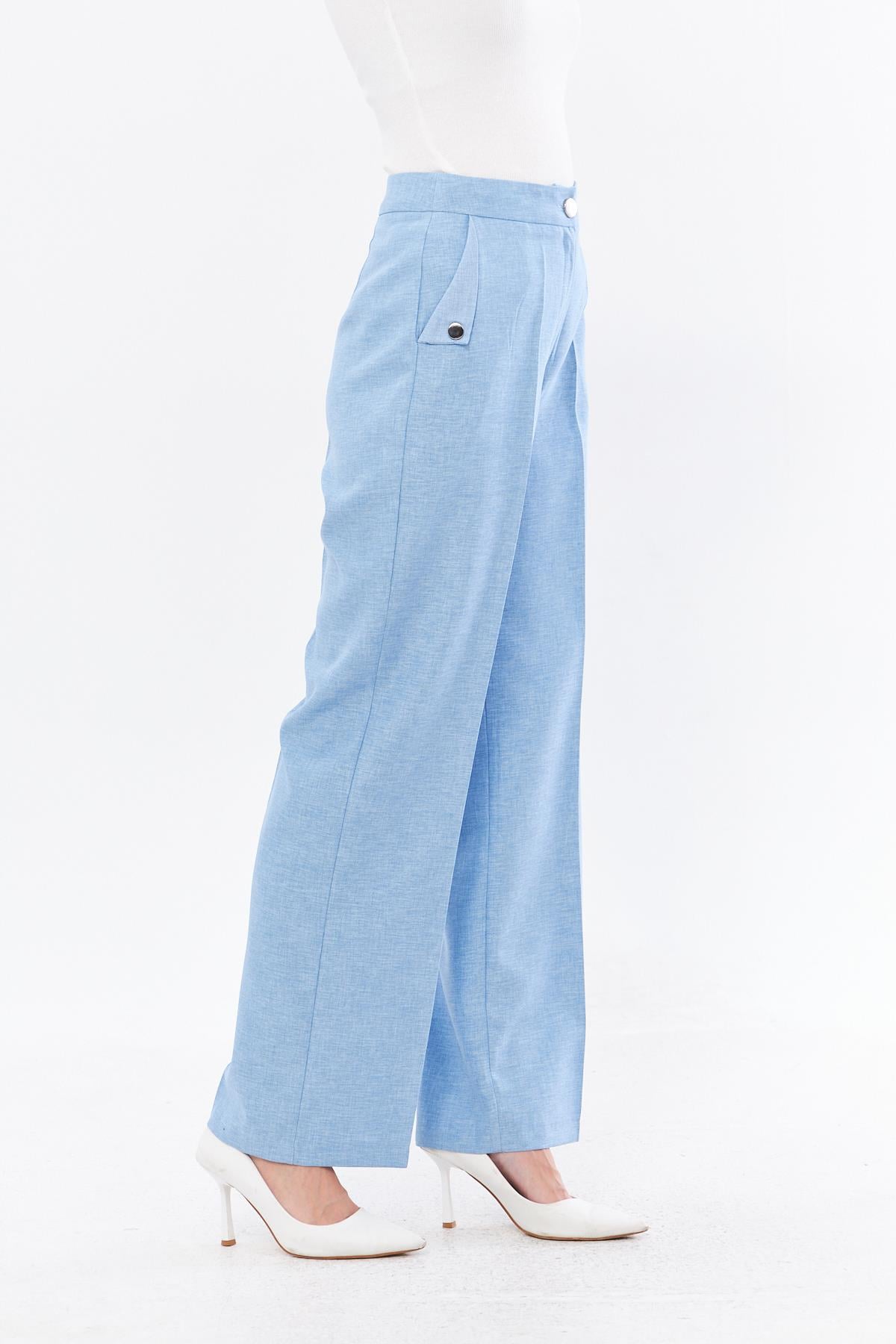 Cep Detay Keten Pantolon Bebe Mavisi