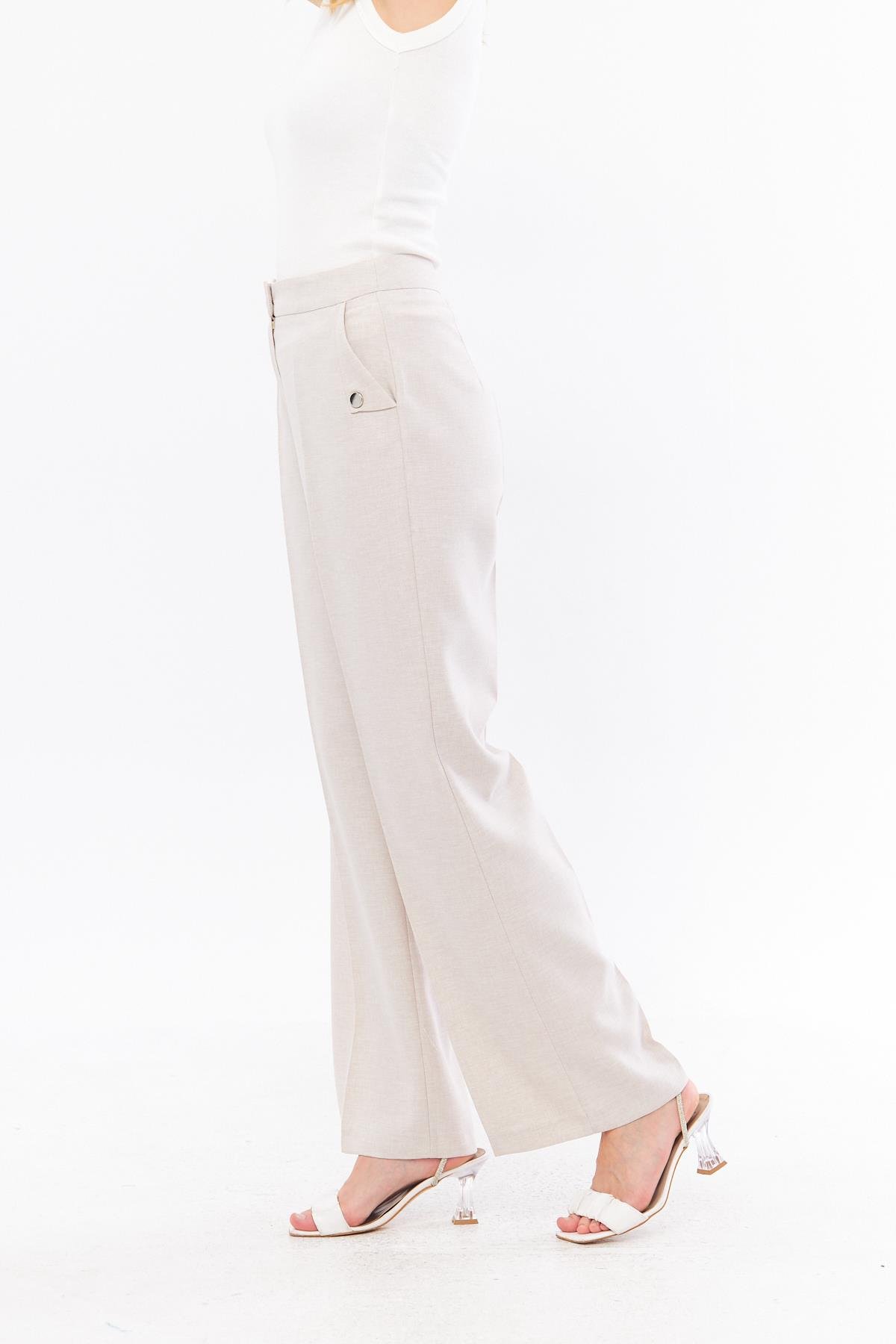 Cep Detay Keten Pantolon Bej