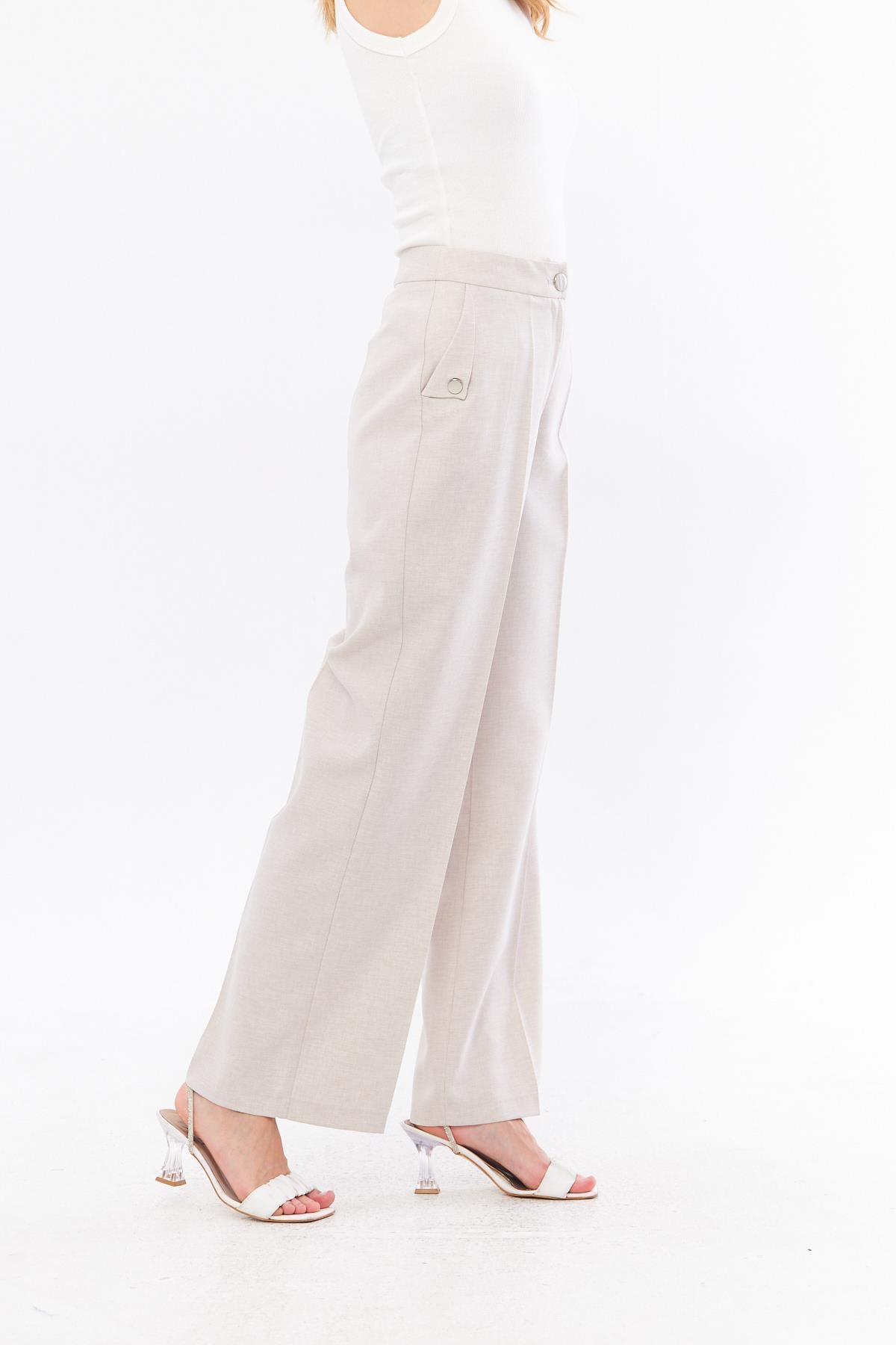 Cep Detay Keten Pantolon Bej