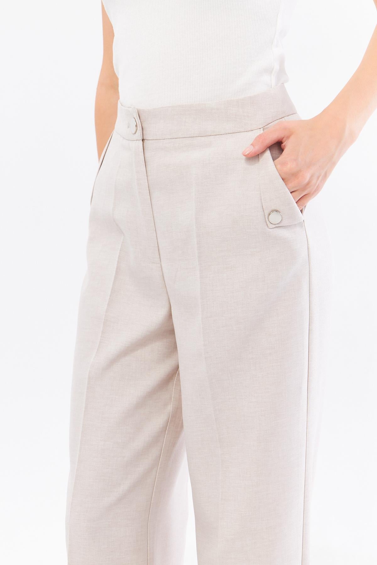 Cep Detay Keten Pantolon Bej