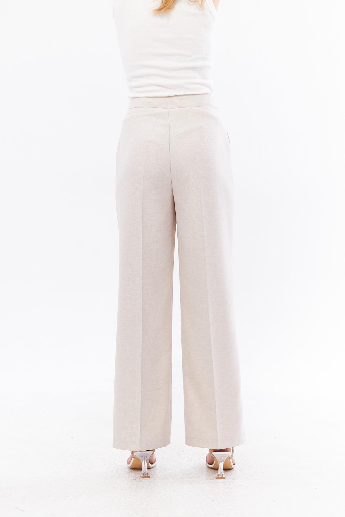 Cep Detay Keten Pantolon Bej