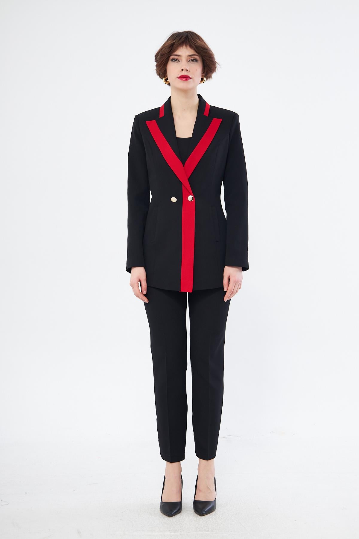 Çift Renk Kruvaze Ceketli Takım Siyah