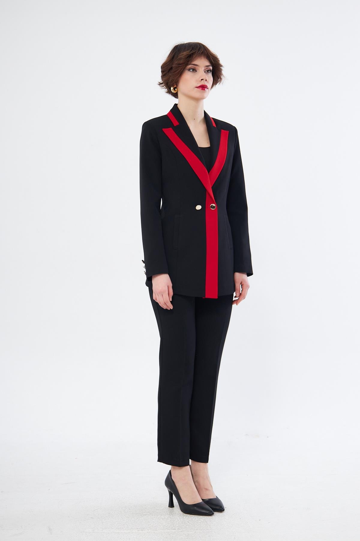Çift Renk Kruvaze Ceketli Takım Siyah