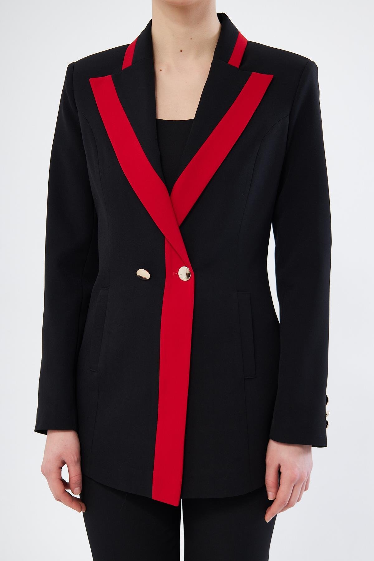 Çift Renk Kruvaze Ceketli Takım Siyah