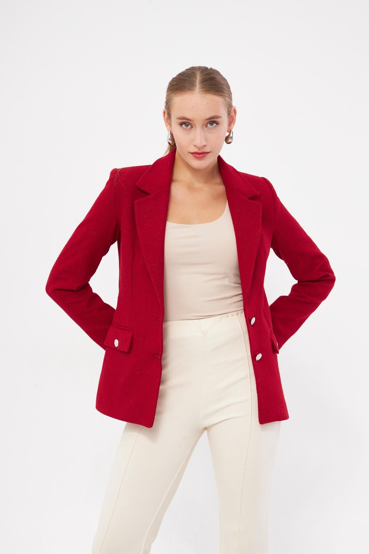 Düğme Detay Tüvit Kısa Ceket 