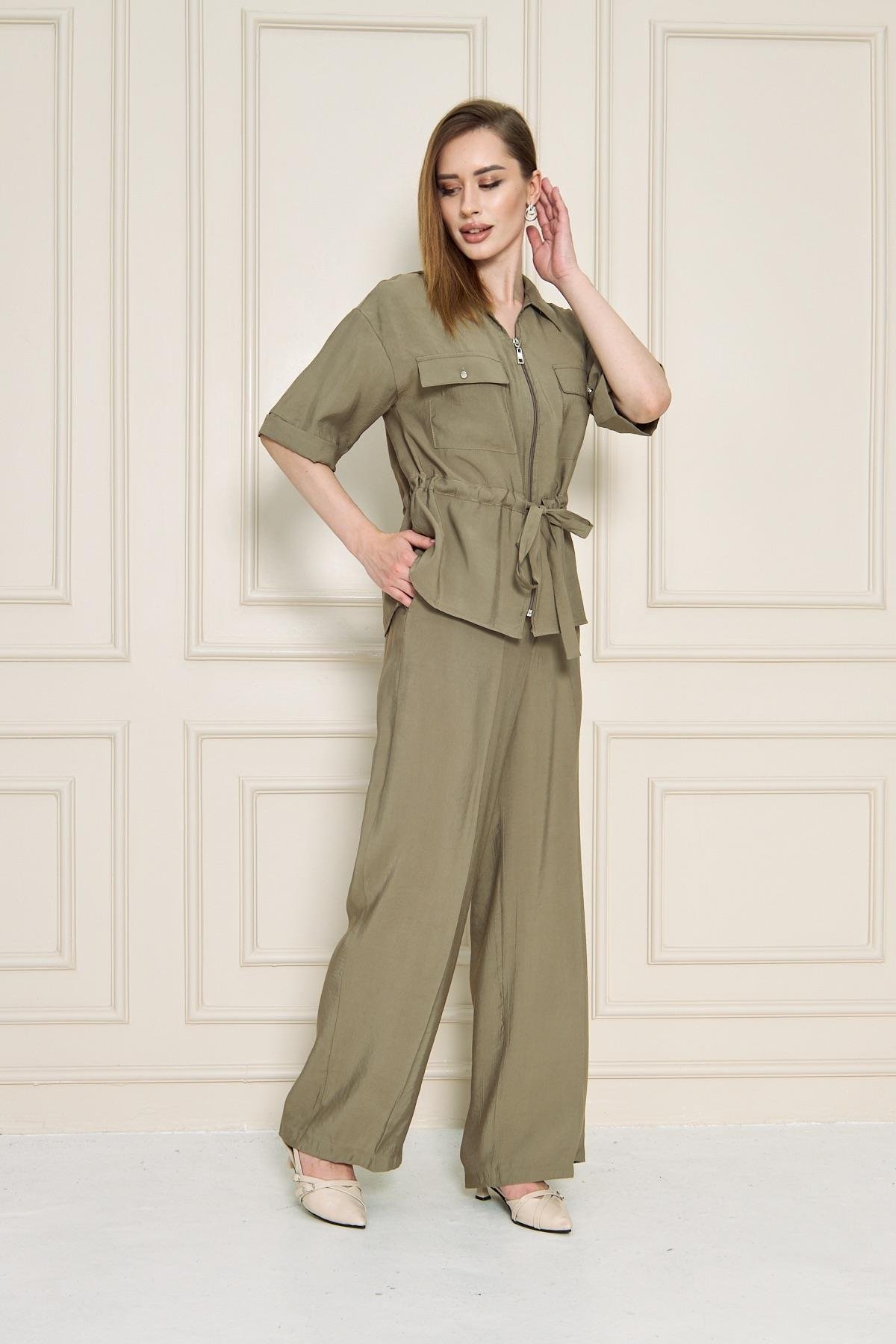 Fermuarlı Cep Detay Modal İkili Takım Haki