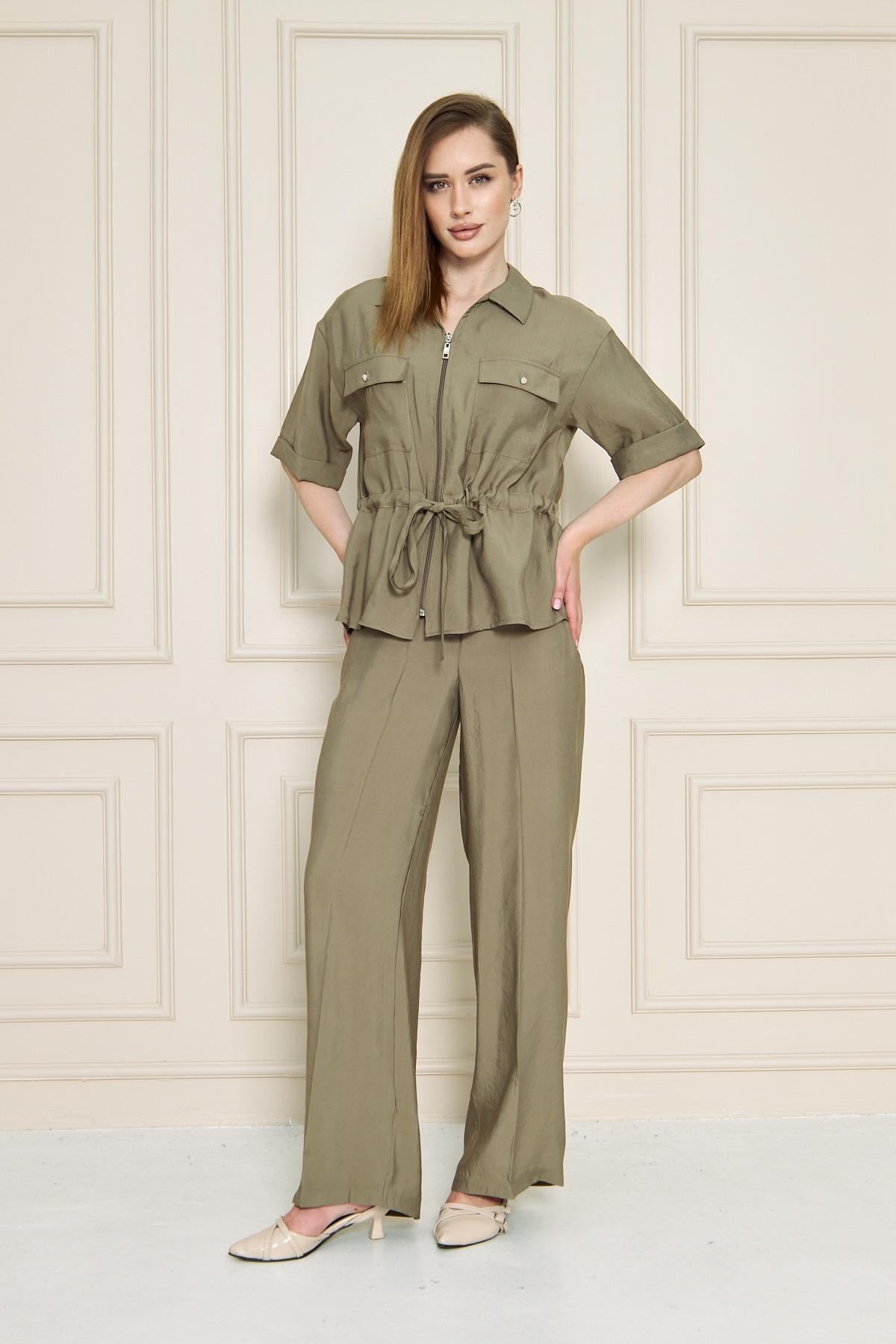 Fermuarlı Cep Detay Modal İkili Takım Haki