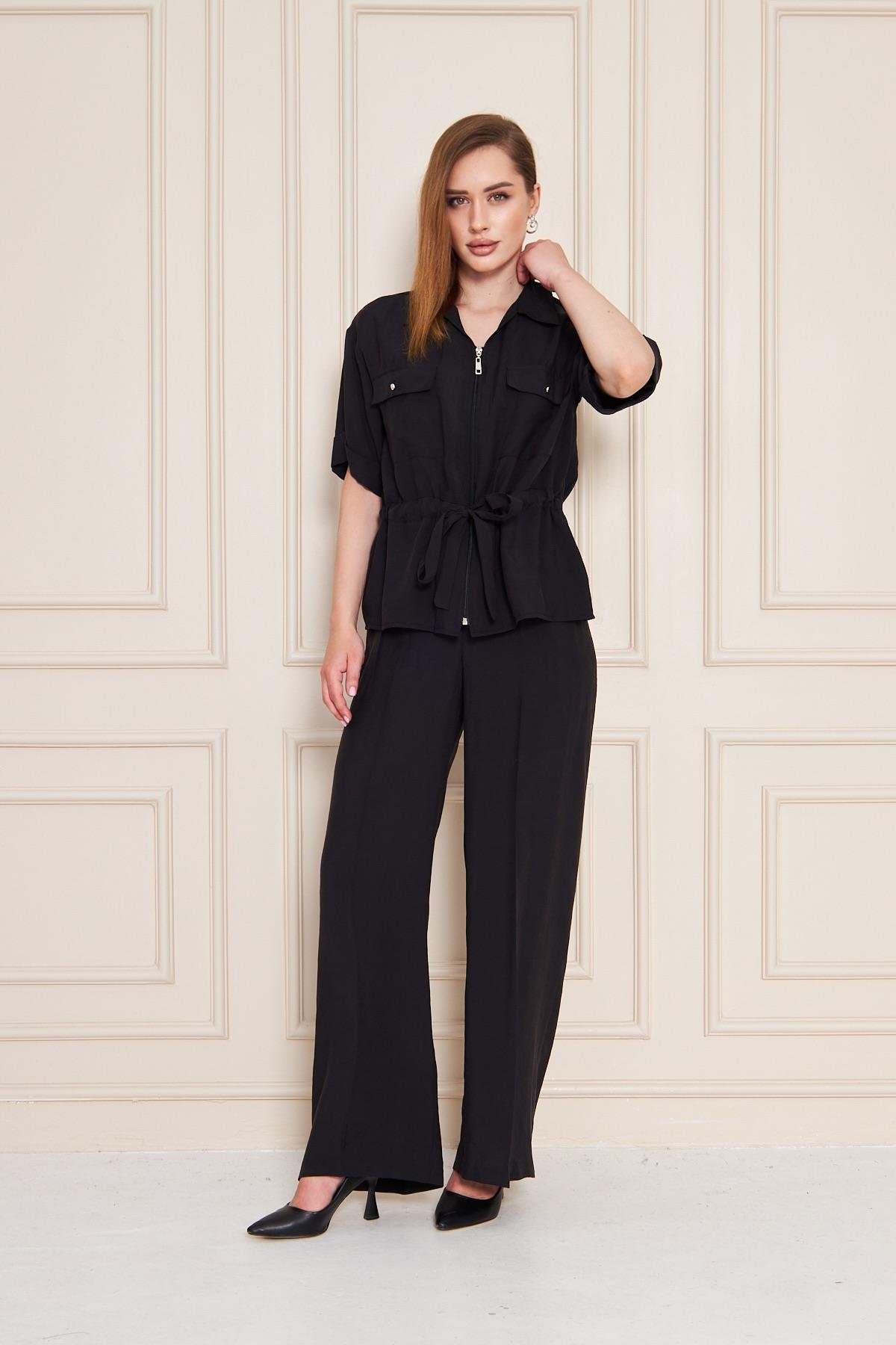 Fermuarlı Cep Detay Modal İkili Takım Siyah