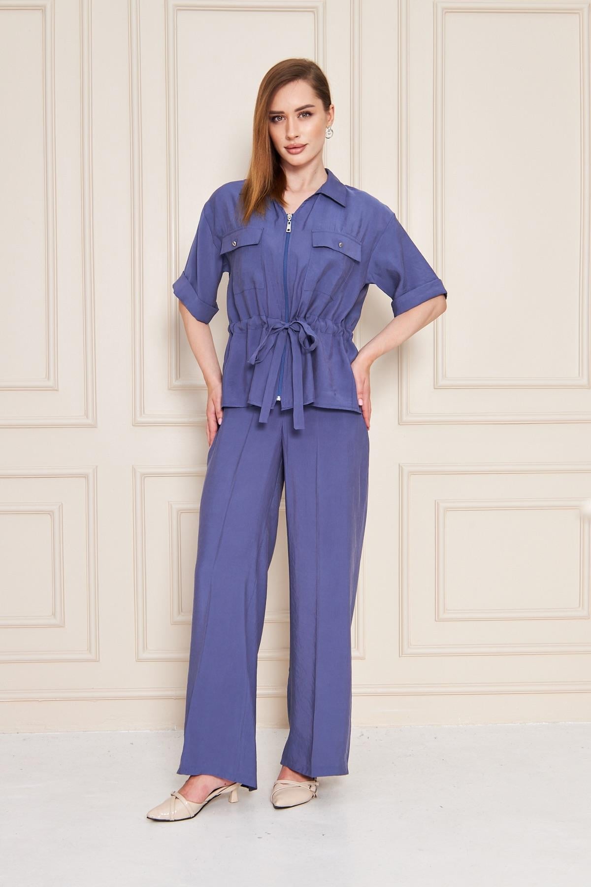 Fermuarlı Cep Detay Modal İkili Takım İndigo