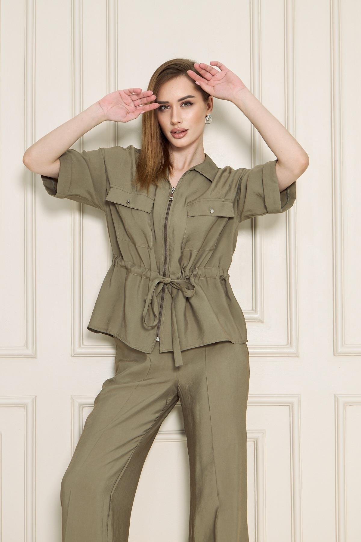 Fermuarlı Cep Detay Modal İkili Takım Haki