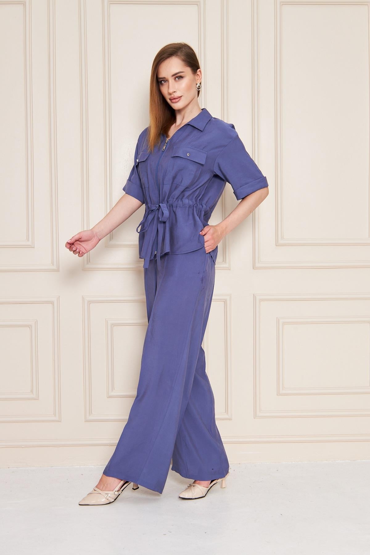 Fermuarlı Cep Detay Modal İkili Takım İndigo