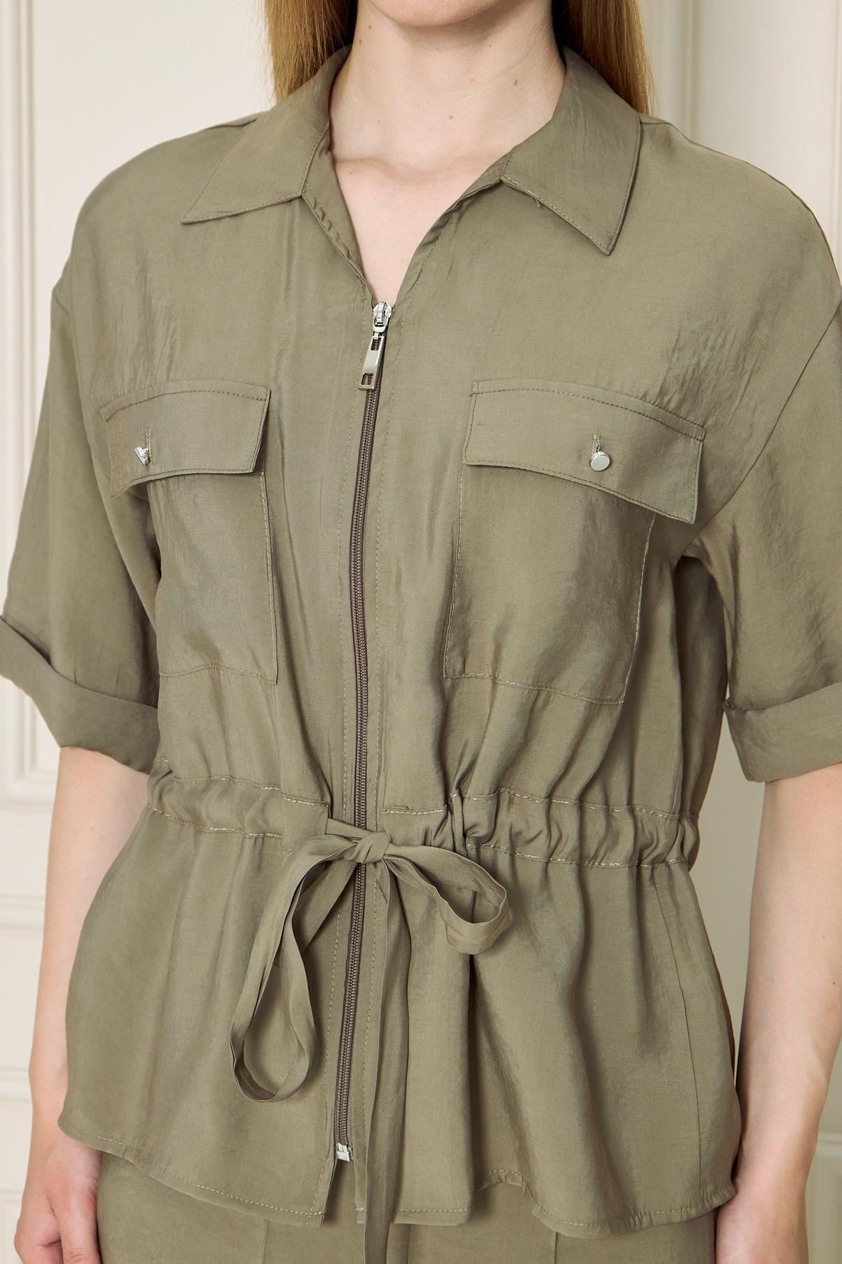 Fermuarlı Cep Detay Modal İkili Takım Haki