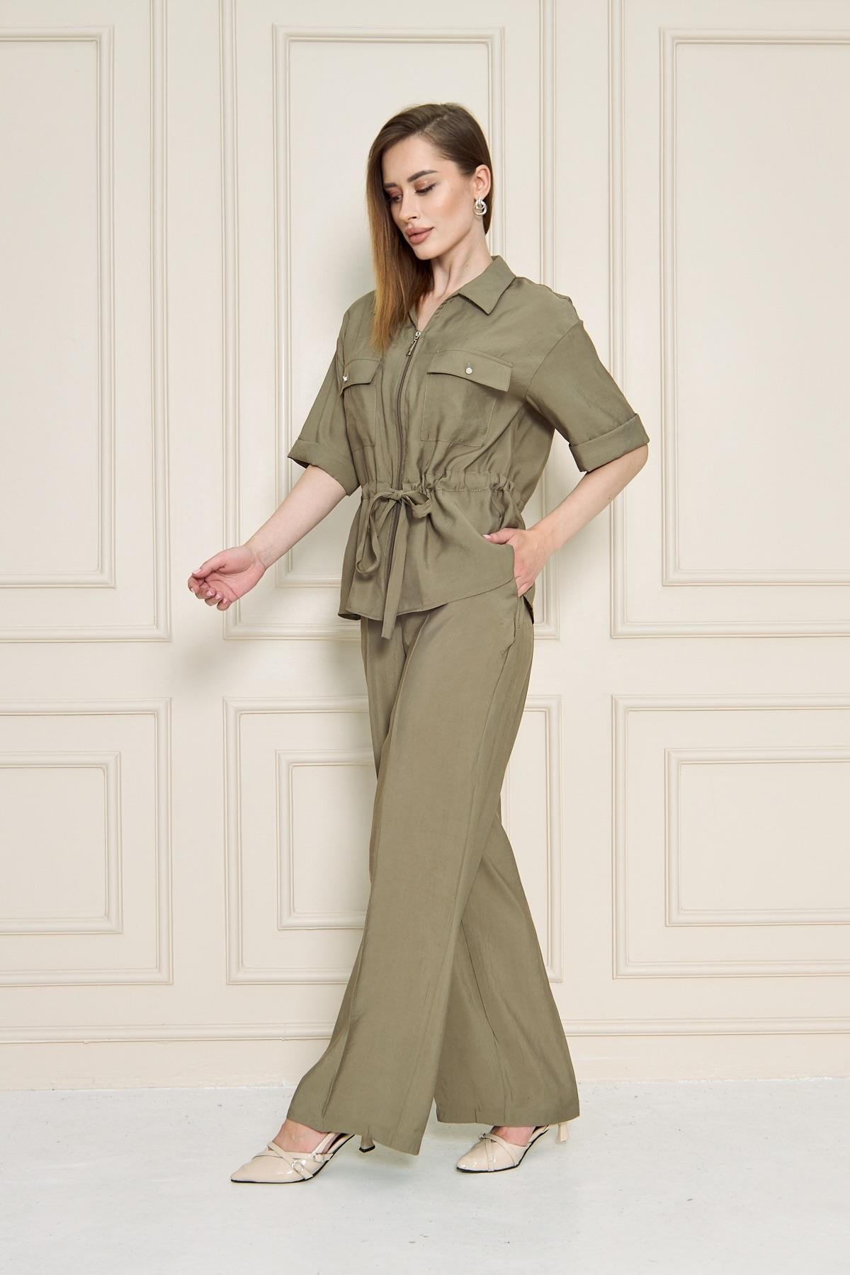 Fermuarlı Cep Detay Modal İkili Takım Haki