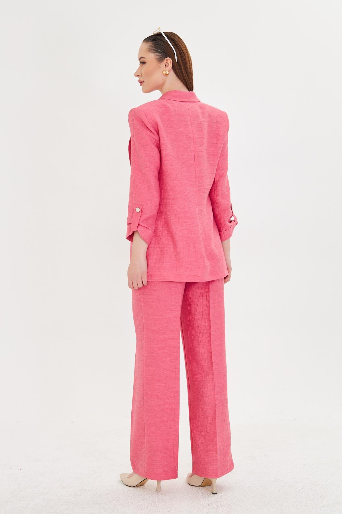 Gofre Kumaşlı Kolu Büzgülü Takım Fuşya