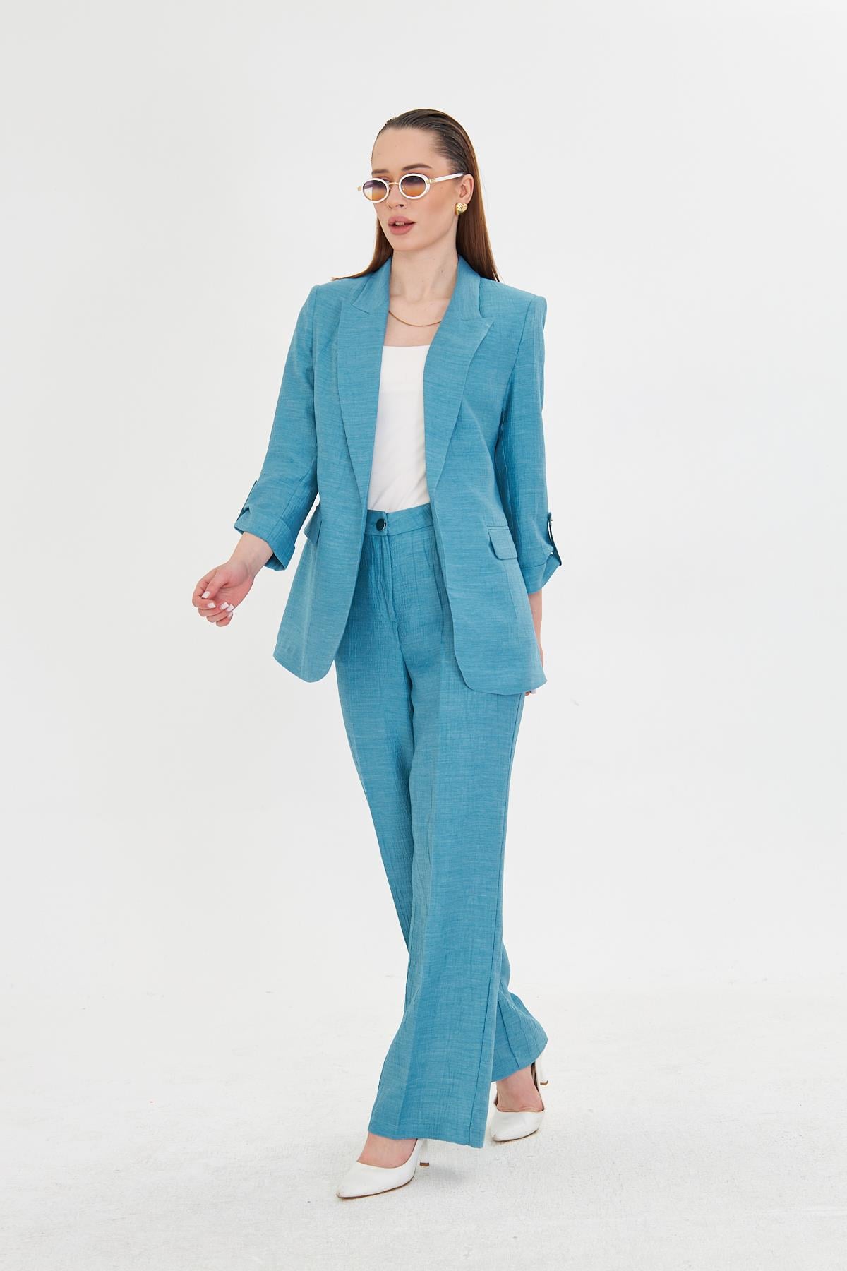 Gofre Kumaşlı Kolu Büzgülü Takım Petrol