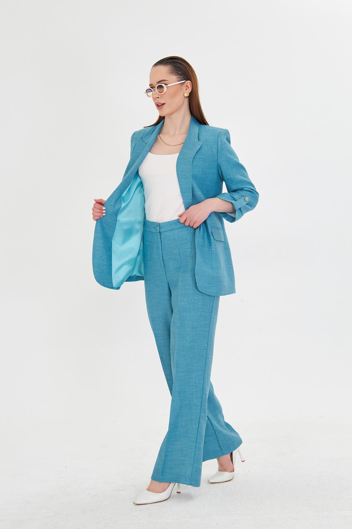 Gofre Kumaşlı Kolu Büzgülü Takım Petrol