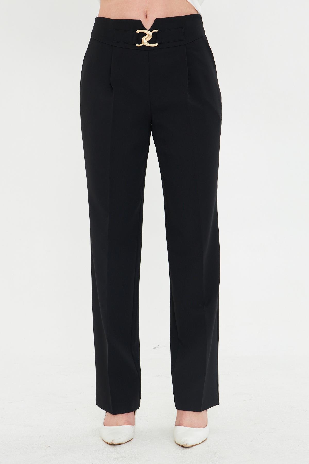 Gold Aksesuarlı Bol Paça Pantolon Siyah