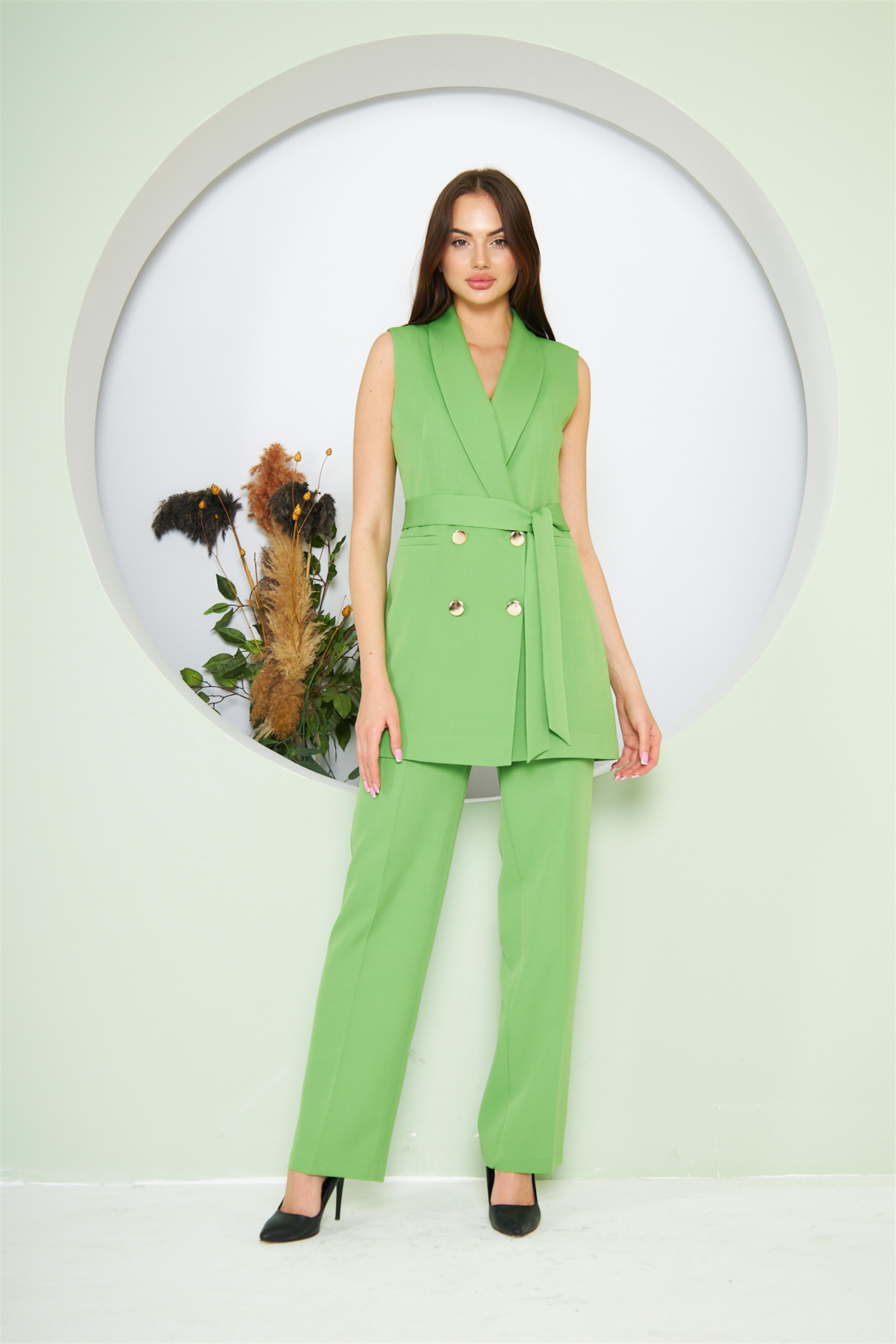 Gold Düğme Kuşaklı Yelek Takım