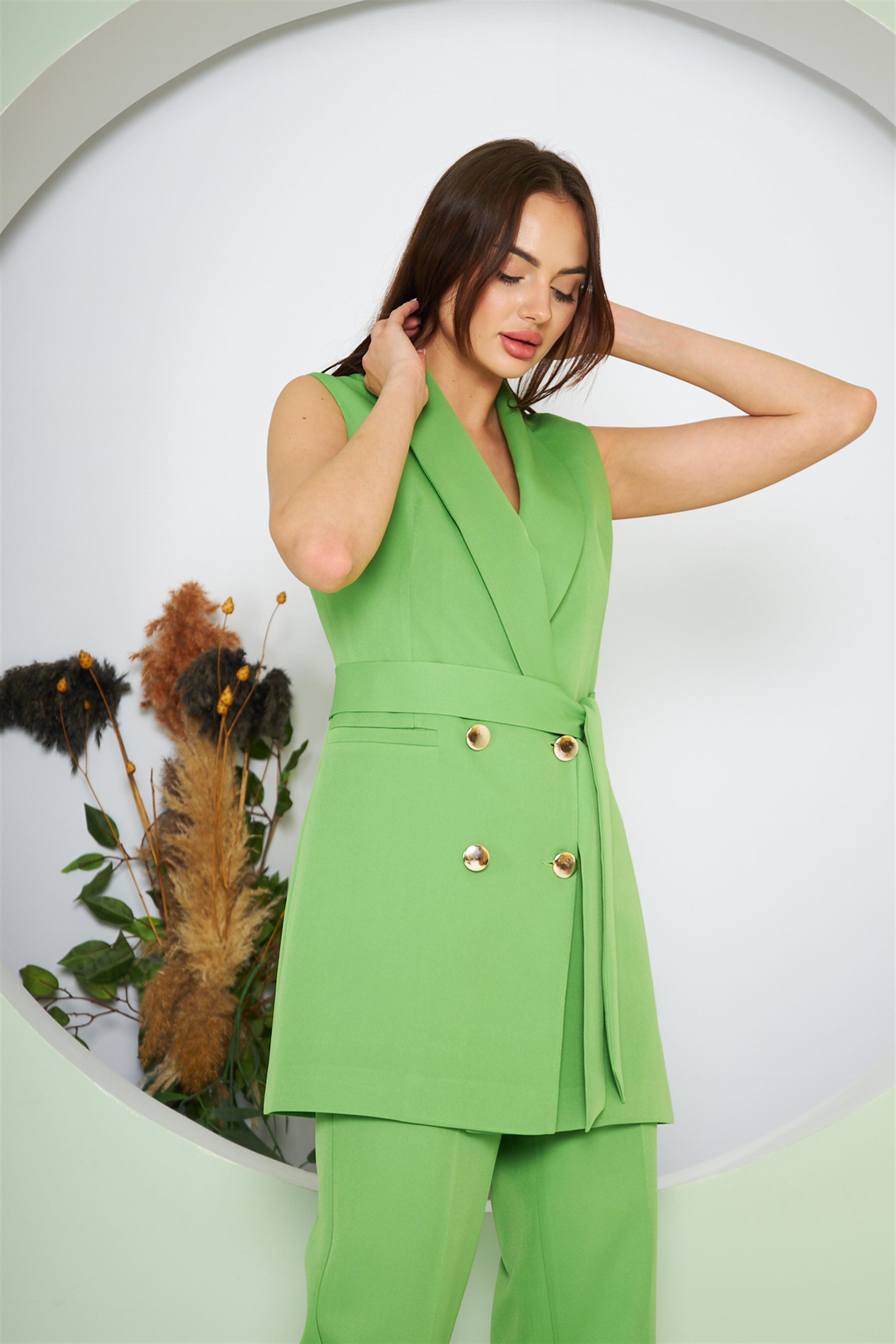 Gold Düğme Kuşaklı Yelek Takım