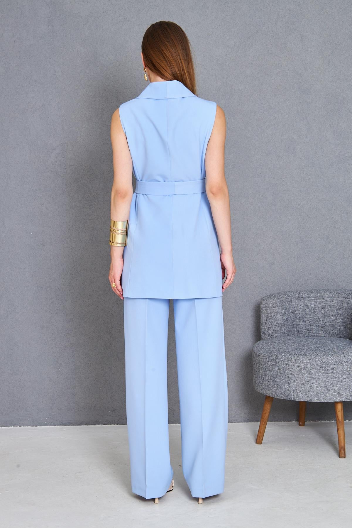 Gold Düğme Kuşaklı Yelek Takım Bebe Mavi