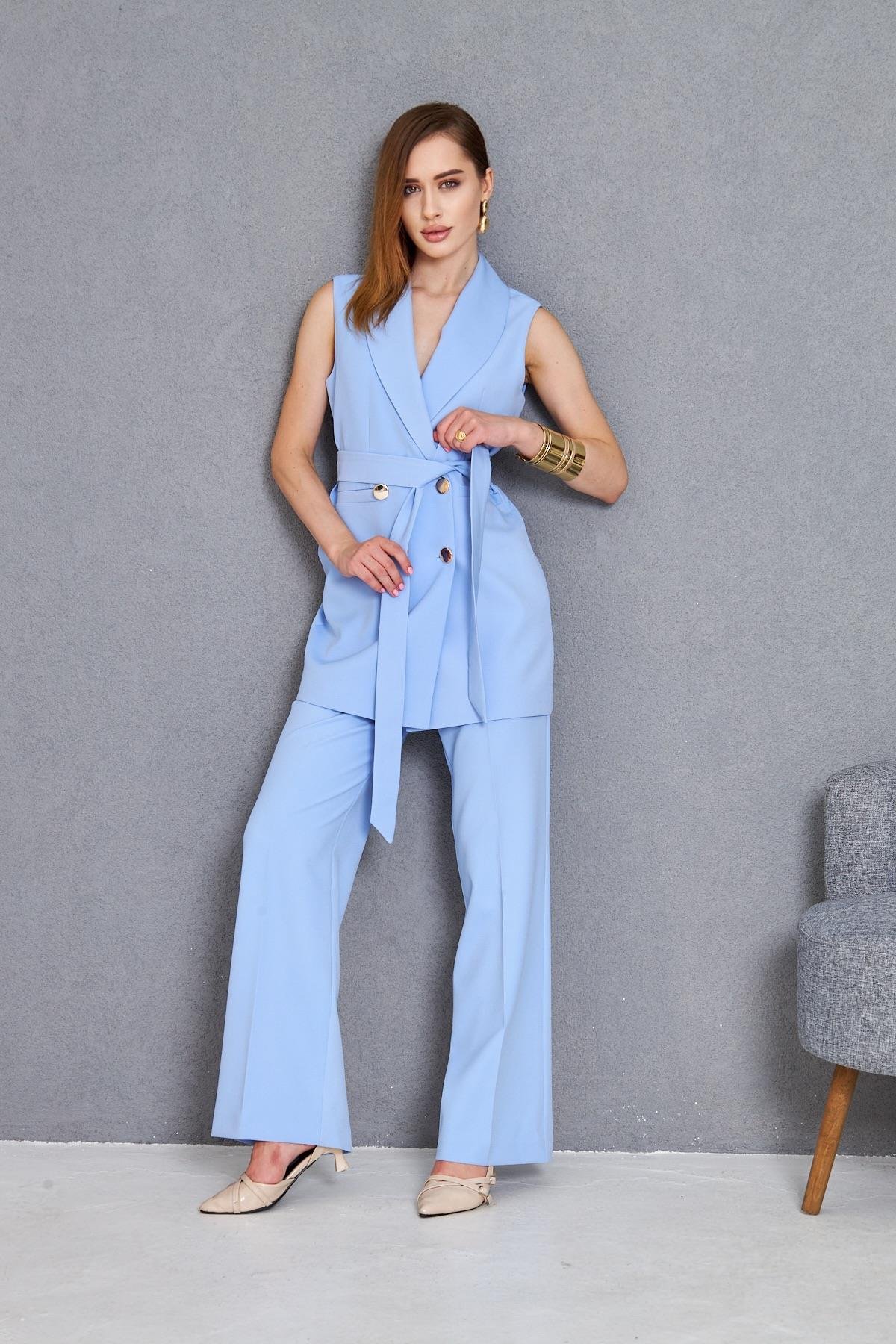 Gold Düğme Kuşaklı Yelek Takım Bebe Mavi