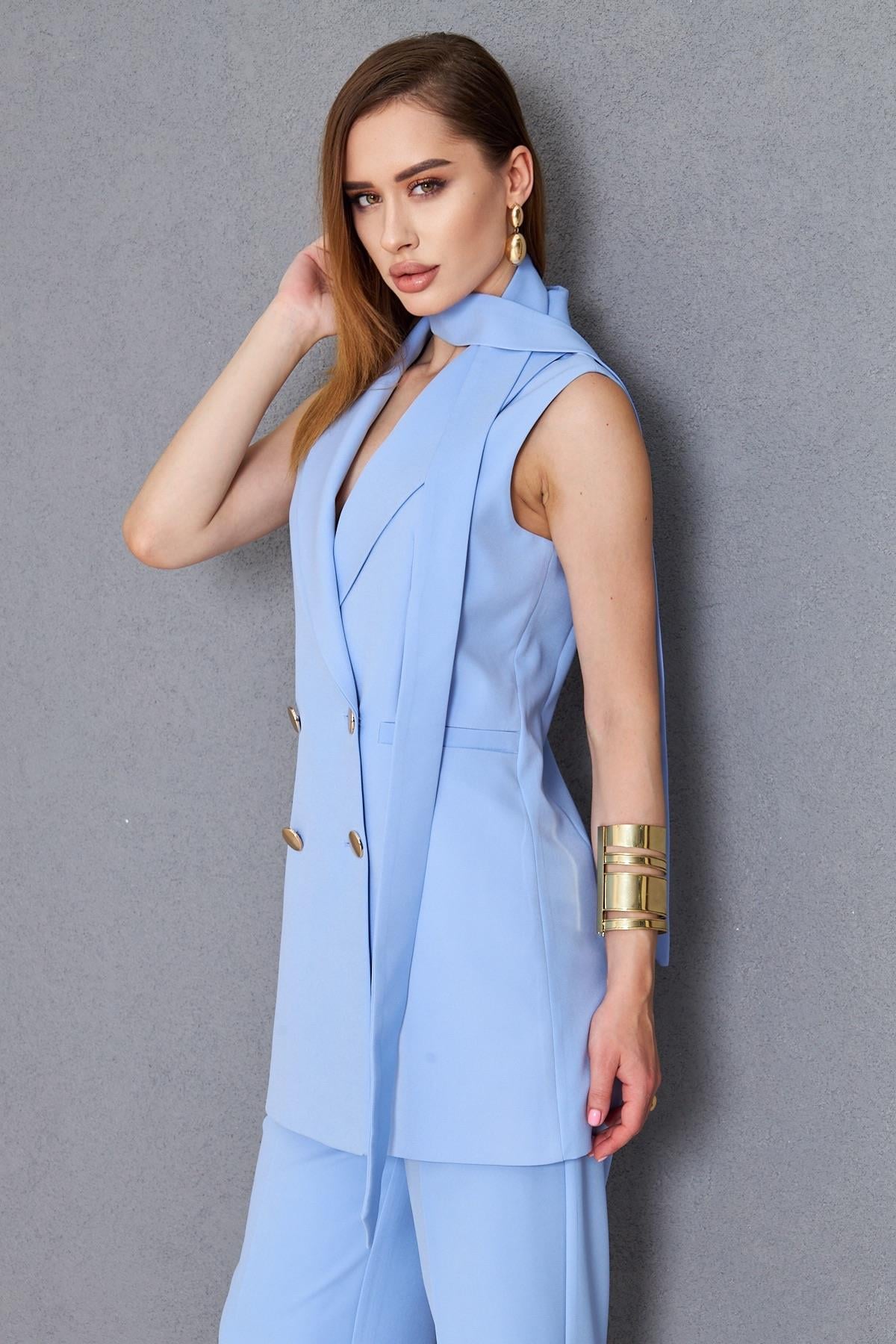 Gold Düğme Kuşaklı Yelek Takım Bebe Mavi