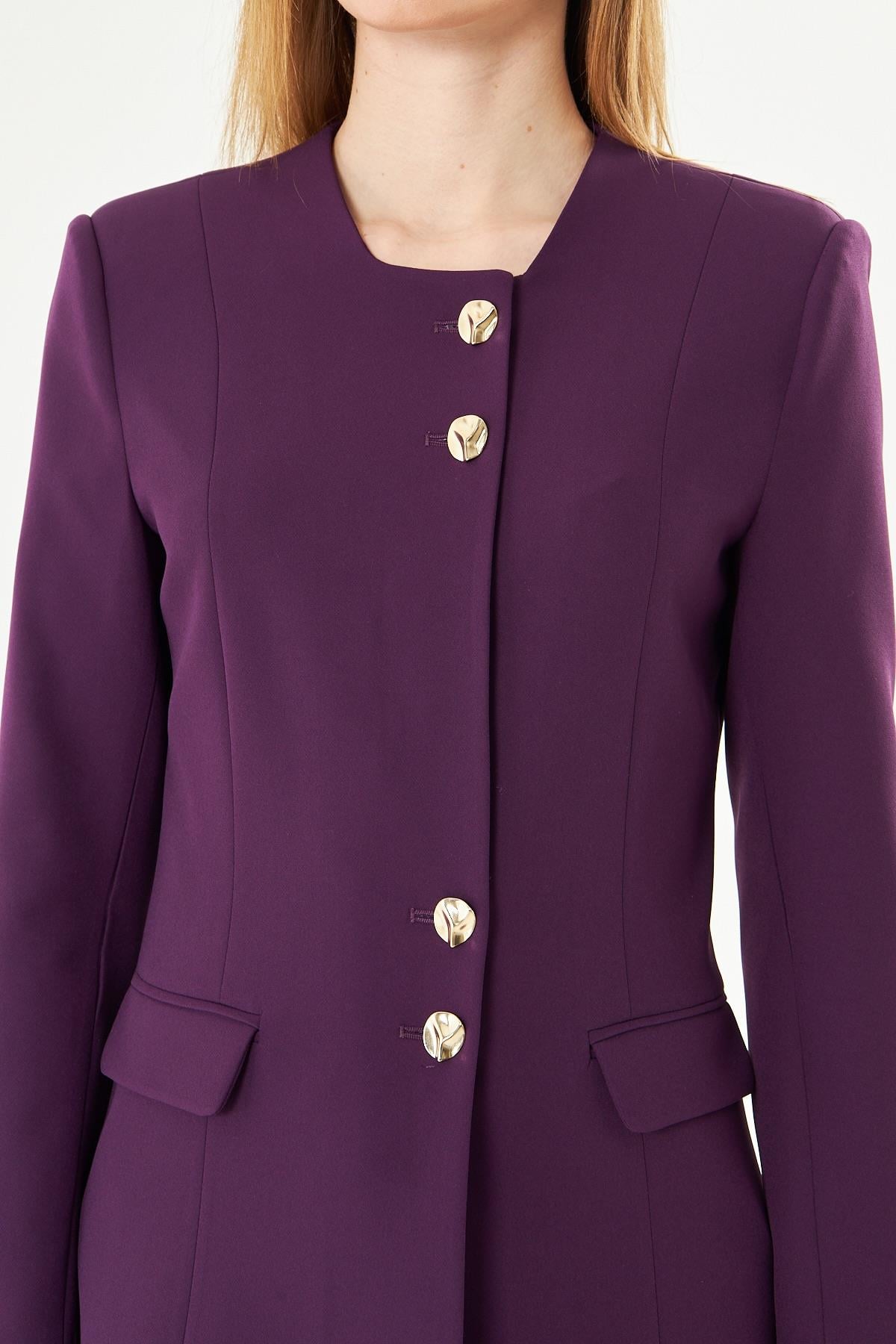 Gold Düğmeli Kare Yaka Takım Mürdüm