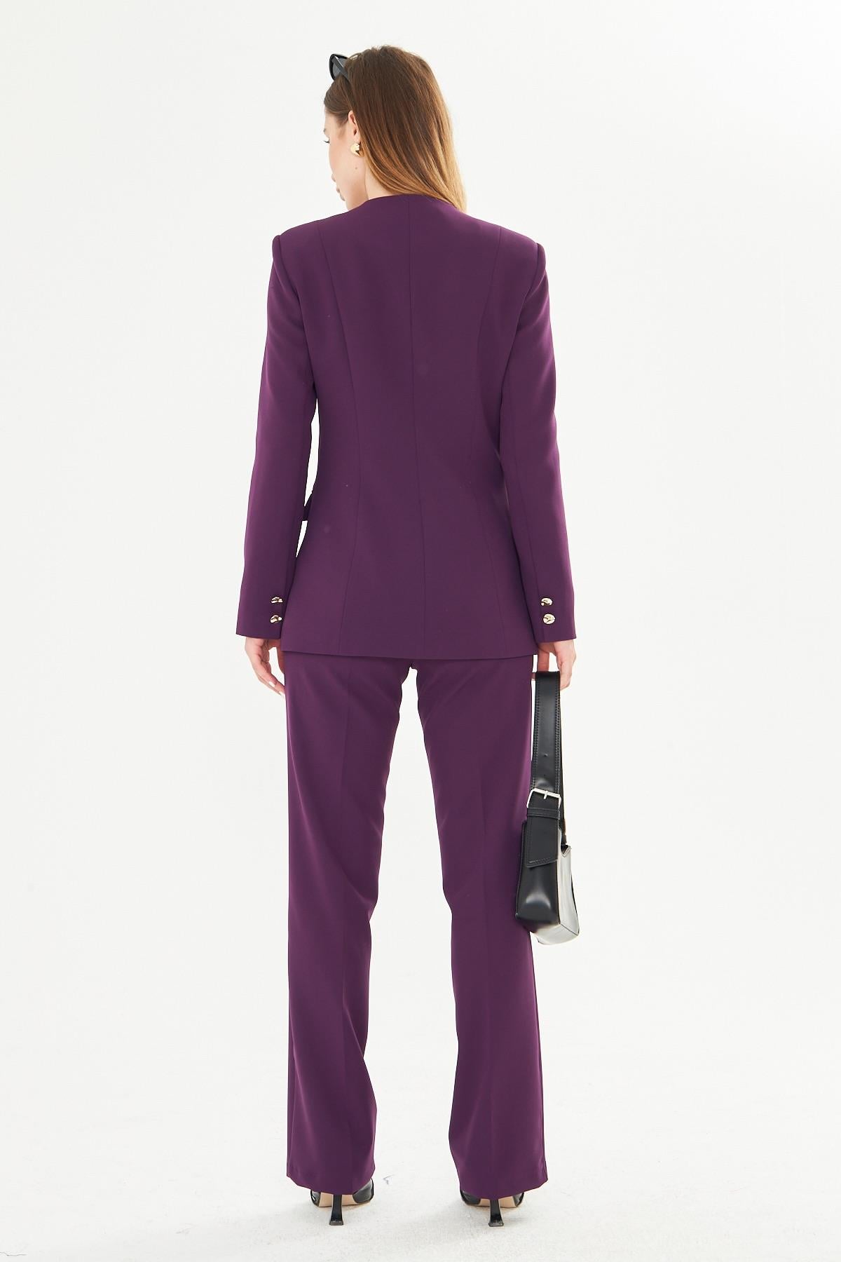 Gold Düğmeli Kare Yaka Takım Mürdüm