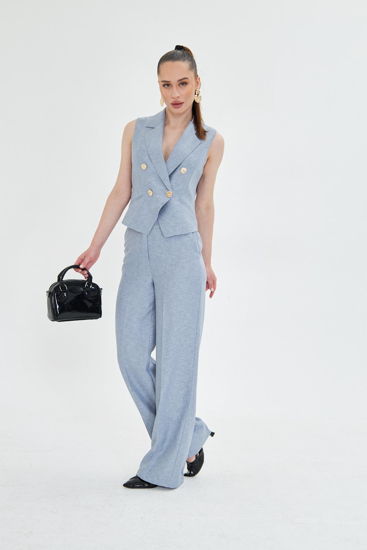 Gold Düğmeli Kısa Yelek Takım Gri