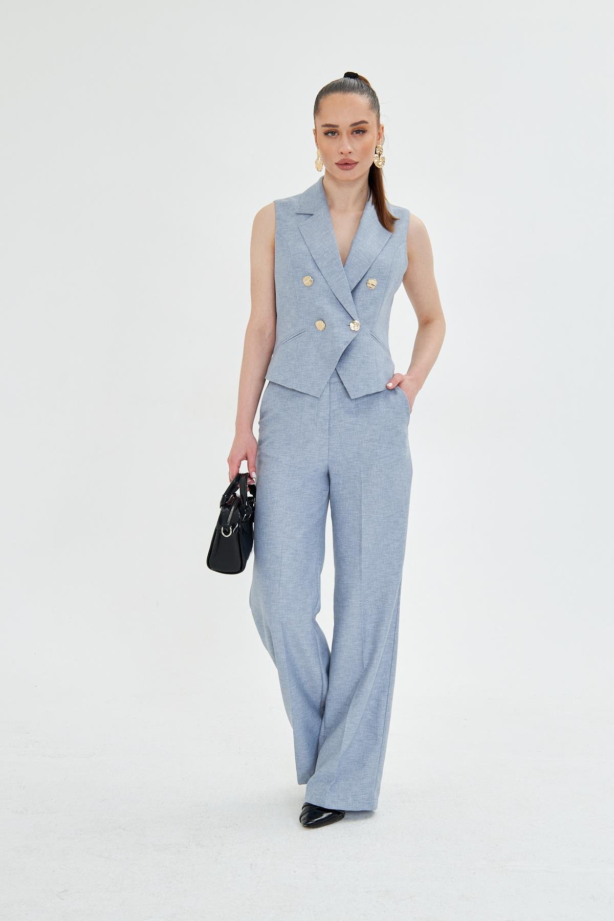 Gold Düğmeli Kısa Yelek Takım Gri